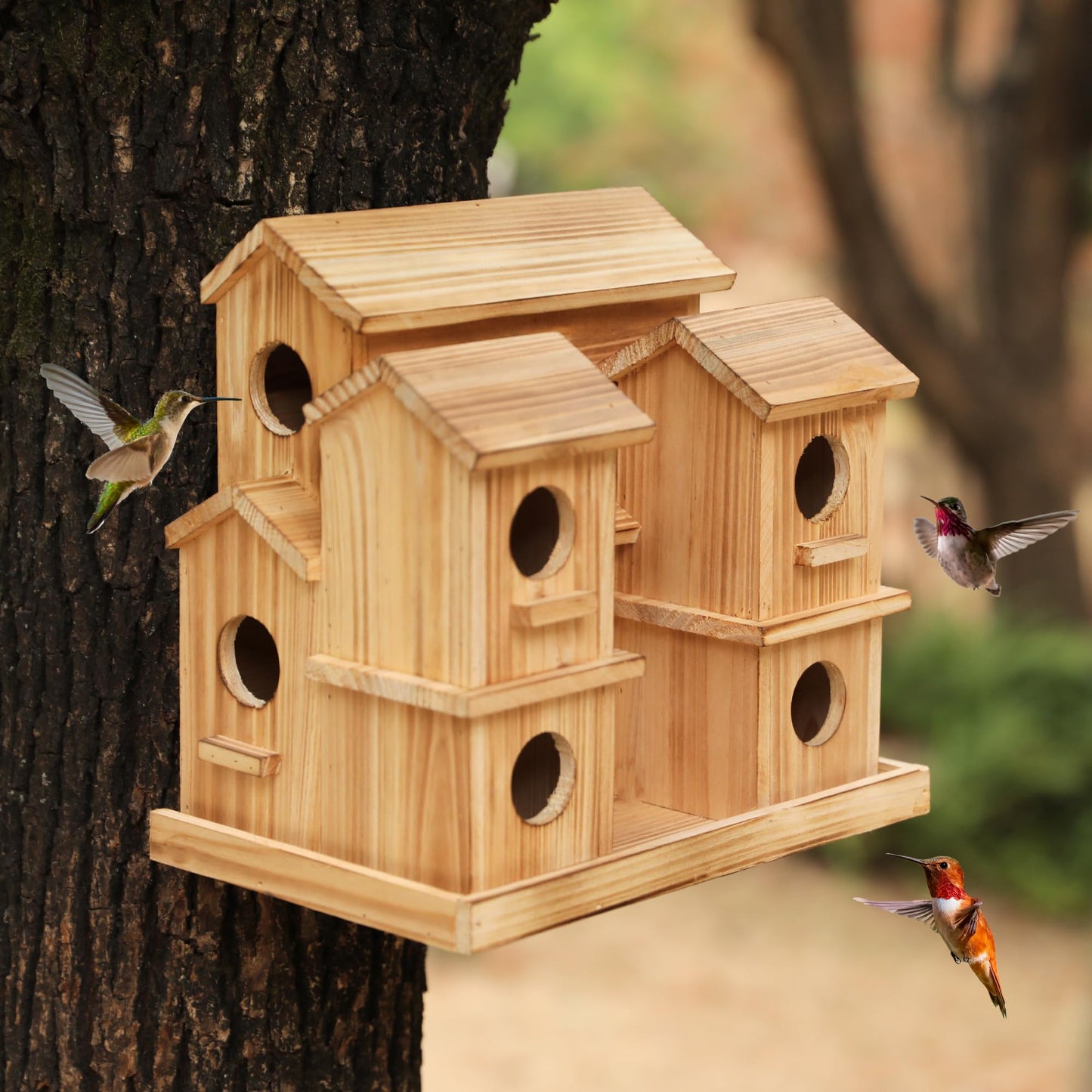 Bird Houses for Outside, 9 Room Wooden Bird House with Feeder, Large Hanging Birdhouse for Garden Backyard, Multi Hole Birdhouse for Small Birds, Outdoor Decorative Bird House for Finch Wren Chickadee