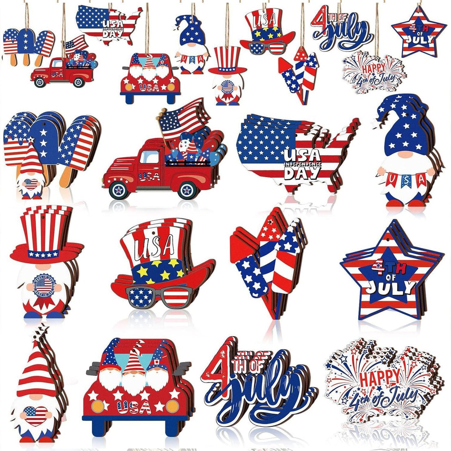 12pcs 4th of July Ornaments for Tree with Ropes Patriotic USA Flag Hanging Decorations Independence Day Wooden Hanging Decor Red White Blue Patriotic Christmas Tree for Summer Party Home Supplies