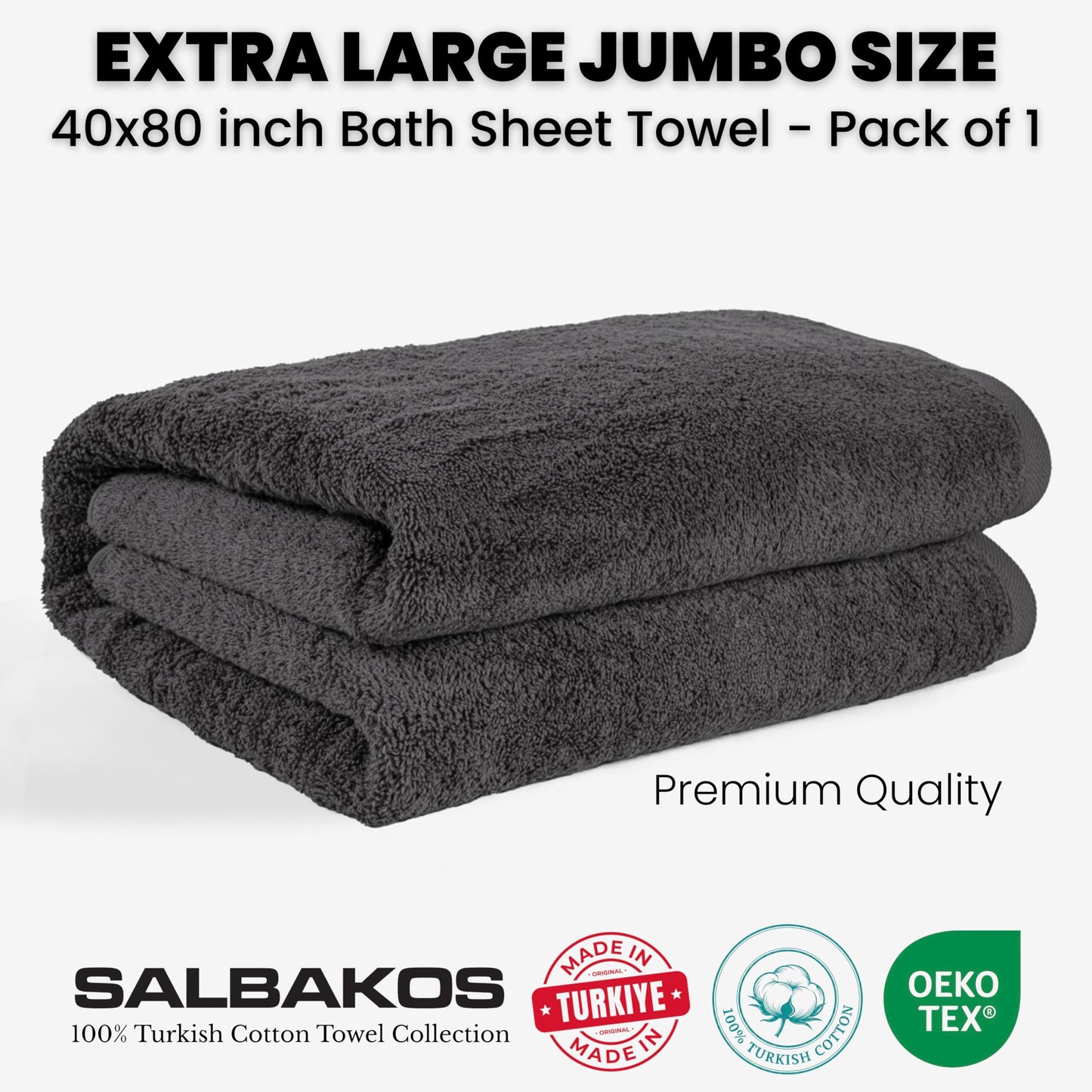 SALBAKOS Luxury 100% Turkish Cotton Bath Sheets 40x80 in Oversized Extra Large Bath Towels | Premium Hotel Quality Thick Soft Absorbent Turkish Towel for Spa Beach (Pack of 1, Gray, Jumbo Bath Sheet)