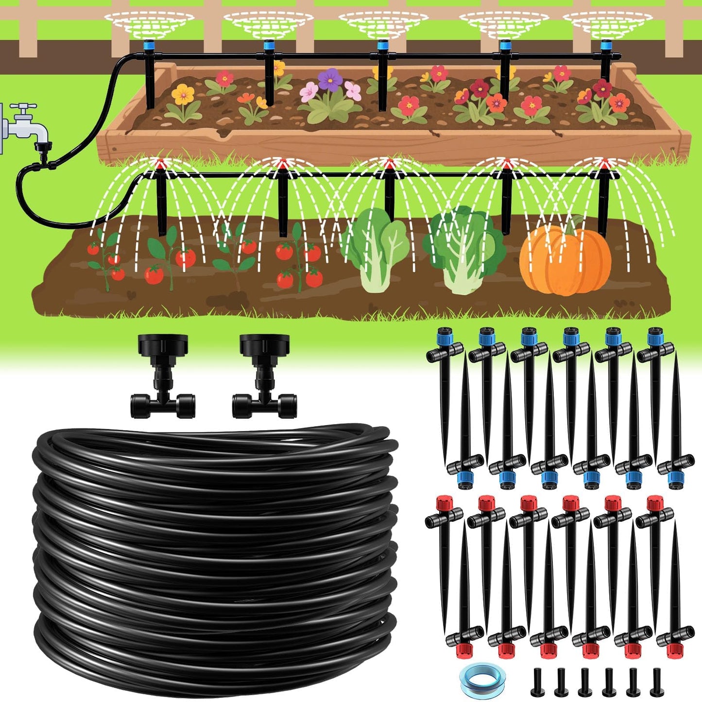 118FT Drip Irrigation System, Garden Watering System, Quick-Connect Drip Irrigation Kit for Lawn Raised Bed Greenhouse, Plant Watering System with 1/4'' Drip IrrigationTubing, Drip Emitters,Connectors