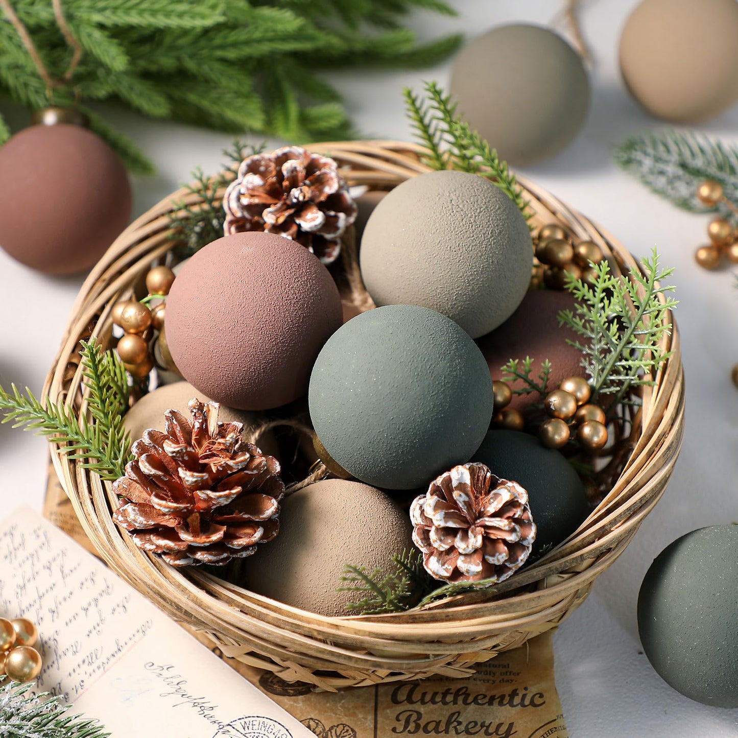 15 Pcs Neutral Matte Christmas Ball Ornaments 2.36'' Textured Rustic Boho Brown Taupe Pine Green Xmas Ball Ornaments Modern Christmas Decor Shatterproof Hanging Tree Decor for Home Indoor