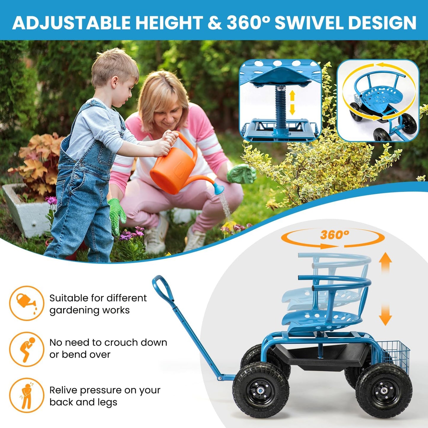 ERGOMASTER Rolling Garden Seat with Wheels, Adjustable 360° Swivel Workseat and Storage Basket, Extendable Handle, Outdoor Gardening Wagon Scooter, Blue