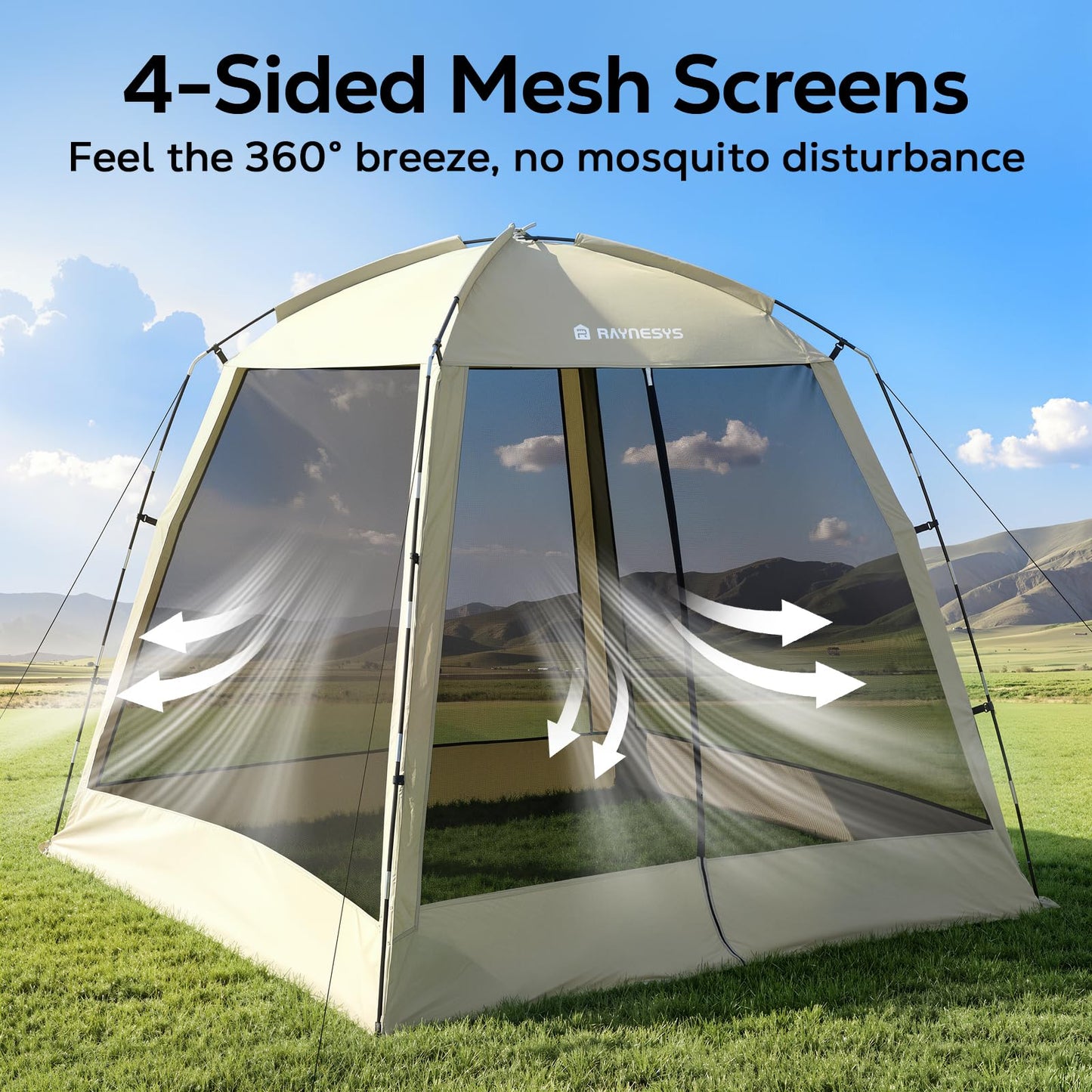 8 × 8ft Camping Screen Tent for 6-8 People, Easy Setup House Tent with 8 Ground Stakes & 4 Windproof Ropes, Portable Screened Canopy with Mosquito Net for Outdoor, Patios, Backyard, Beige