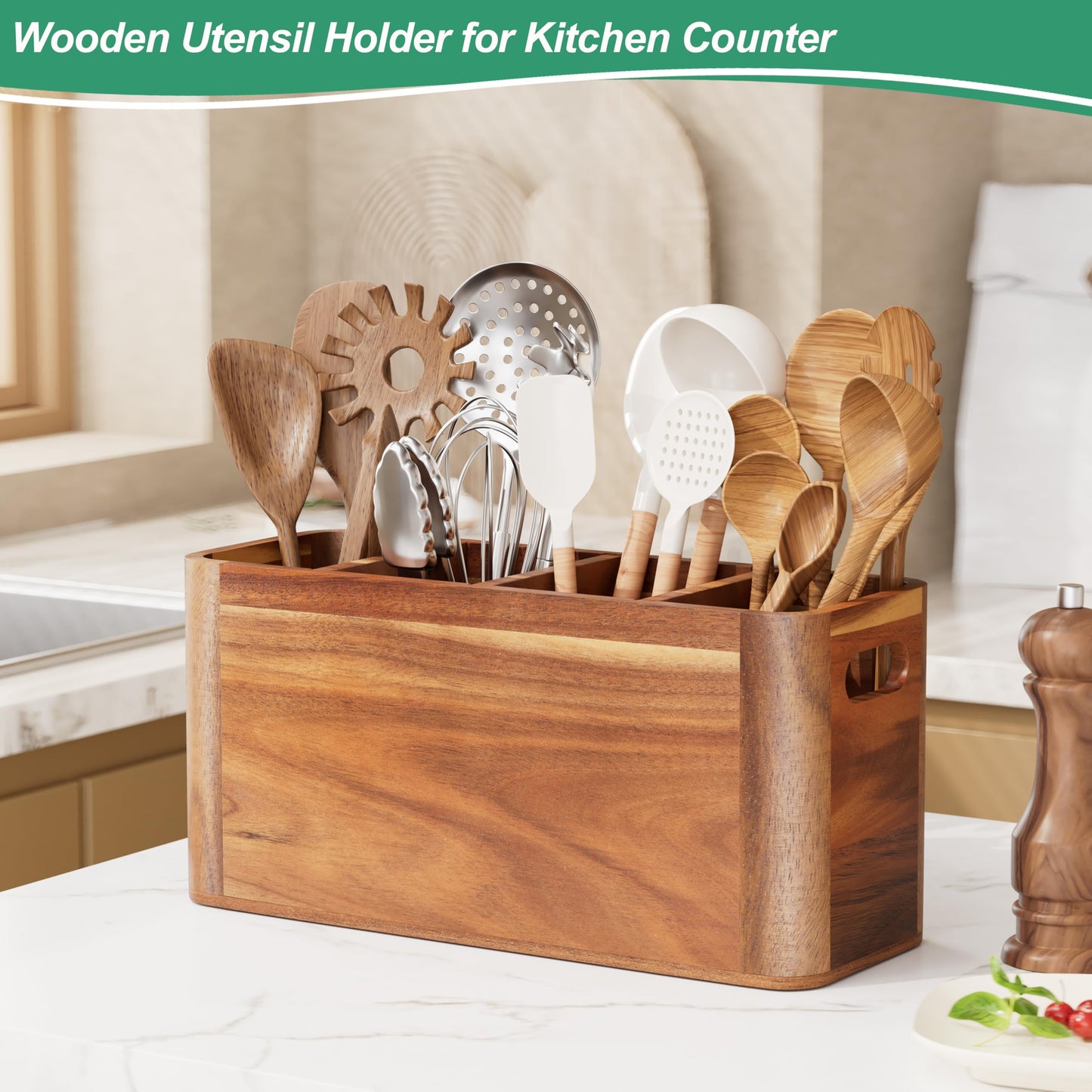 ZUJJAFY Utensil Holder, Extra Large Kitchen Utensil Holder for Counter with 4 Compartments, Wooden Kitchen Utensils Organizer for Countertop Cooking Spatula Storage, Acacia Wood