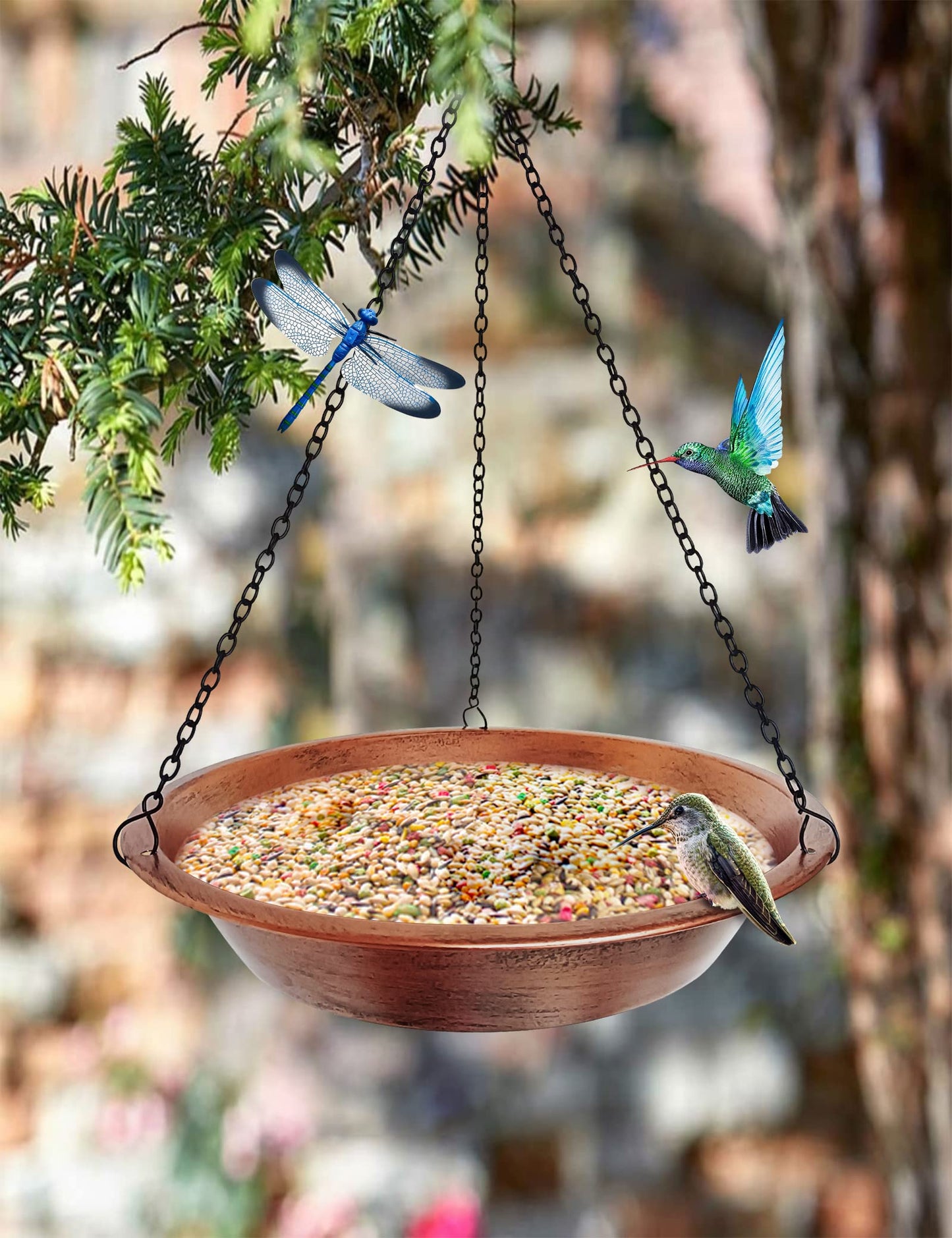 Keygift Hanging Bird Bath for Outdoor, Antique Copper Metal Bird Feeder Birdbath Bowl with 17” Rust-Proof Black Chains for Garden Backyard Decor
