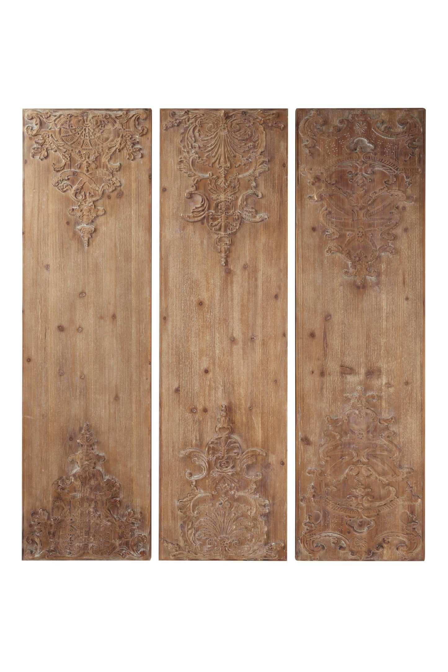 Deco 79 Wood Floral Home Wall Decor Carved Antefix Wall Sculpture, Set of 3 Wall Art 16"W, 55"H, Brown