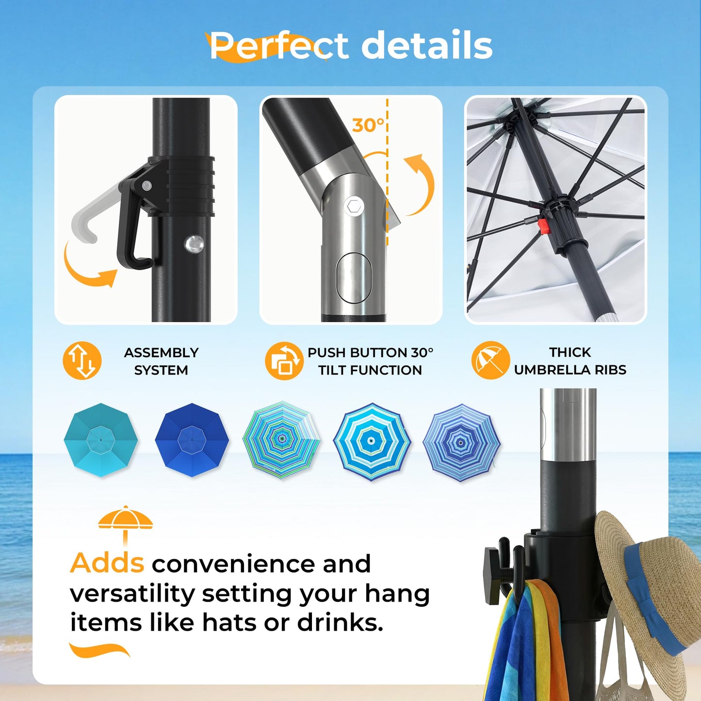 HOMEDEMO 7FT Beach Umbrella with Curtain, Beach Umbrella for Sand with Large Spiral Sand Anchor & Carry Bag, Heavy Duty Windproof Outdoor Umbrellas, UPF 50+ Protection, Parasol, Navy Blue Stripe