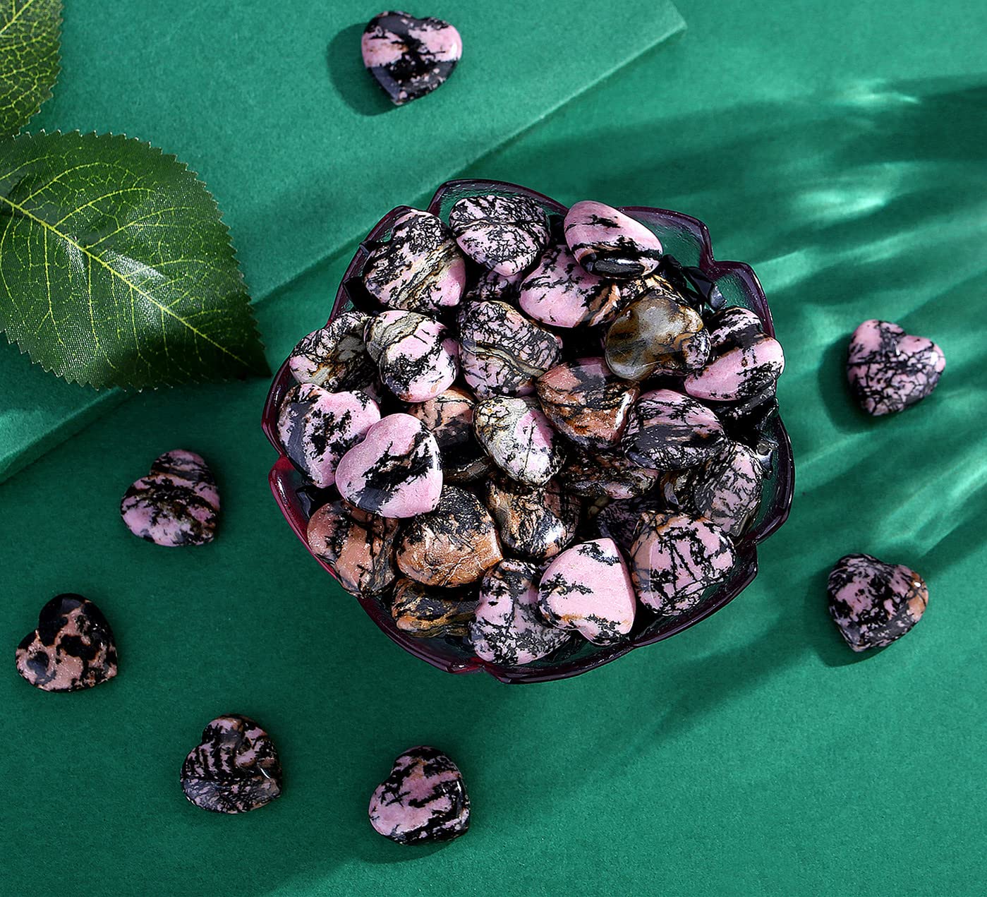 20 PCS Rhodochrosite Natural Heart Healing Crystals Cute Polished Crystal Black Line Rhodolite Stones Palm Love Heart Pocket Set Reiki Energy Balancing Meditation Valentine's Day Gift Women