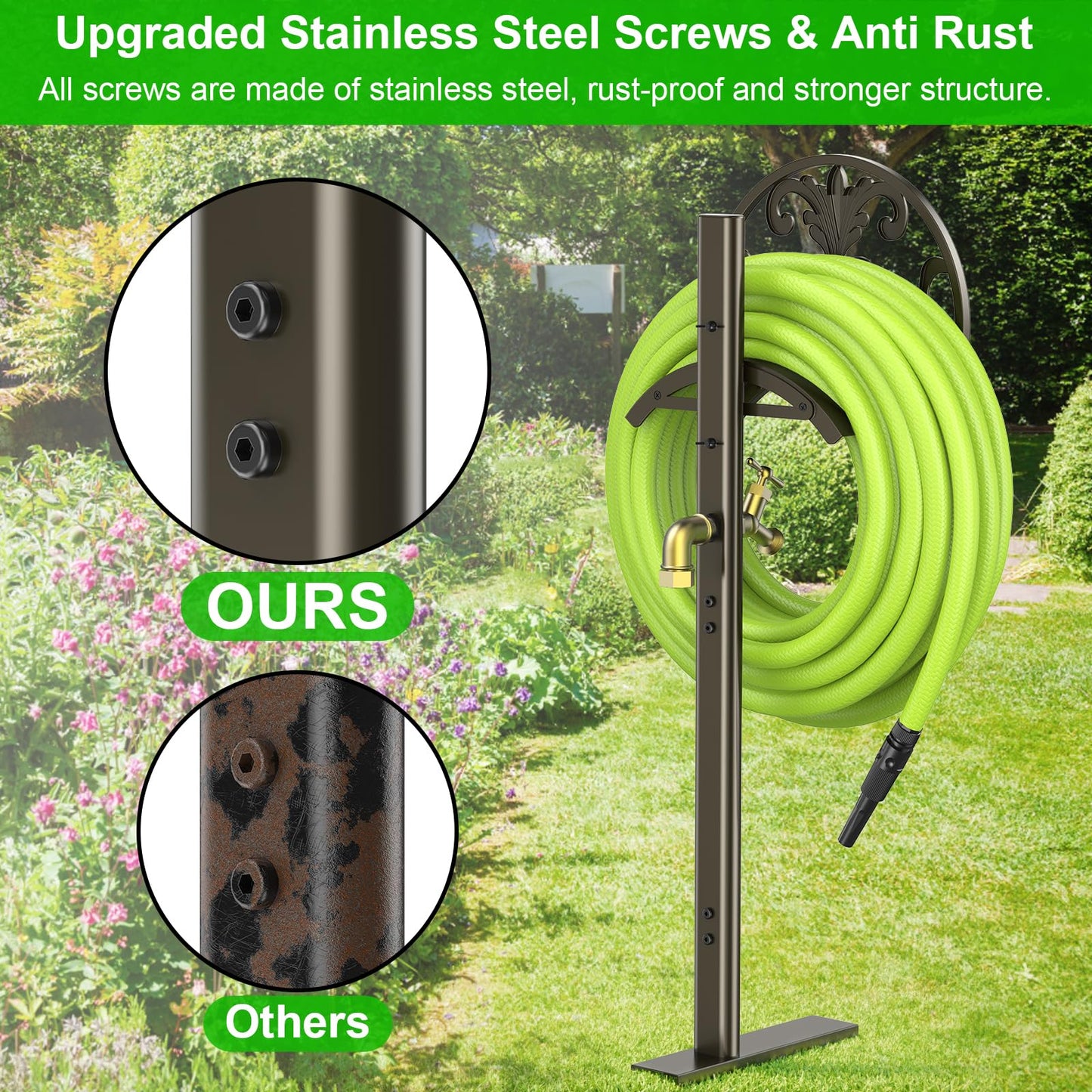 GOFORWILD Garden Hose Stand with Brass Faucet, Detachable Heavy Duty Water Hose Holder, Freestanding Metal Hose Reel Decorative Storage Hanger Holds 150-Feet Hose for Outside Patio Lawn Yard