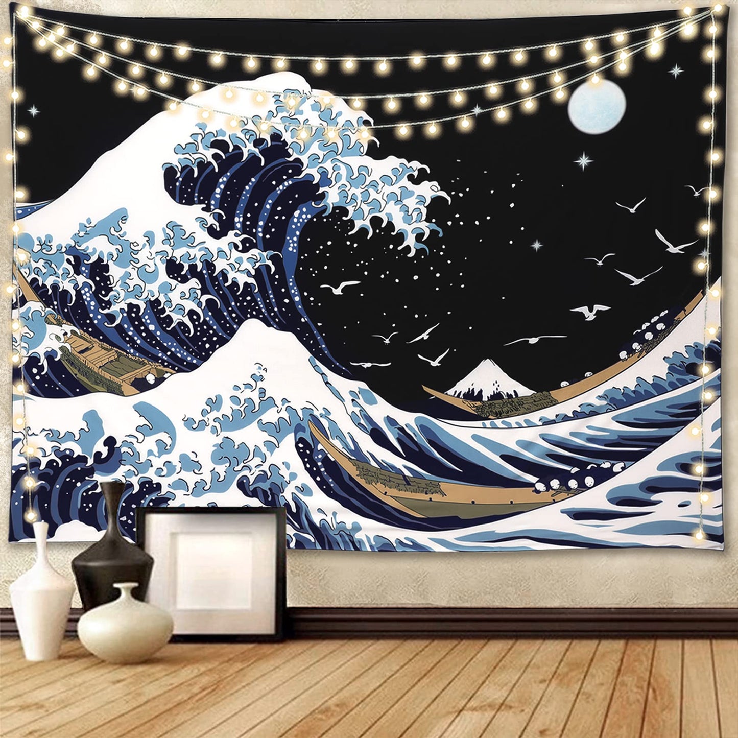 Pentasmile Wall Tapestry for Bedroom Aesthetic Japanese The Great Wave off Kanagawa Tapestries Large Trippy Tapestrys Black Art Tapistry Wall Hanging Decor Ceiling Tapastry (51ʺ × 59ʺ)