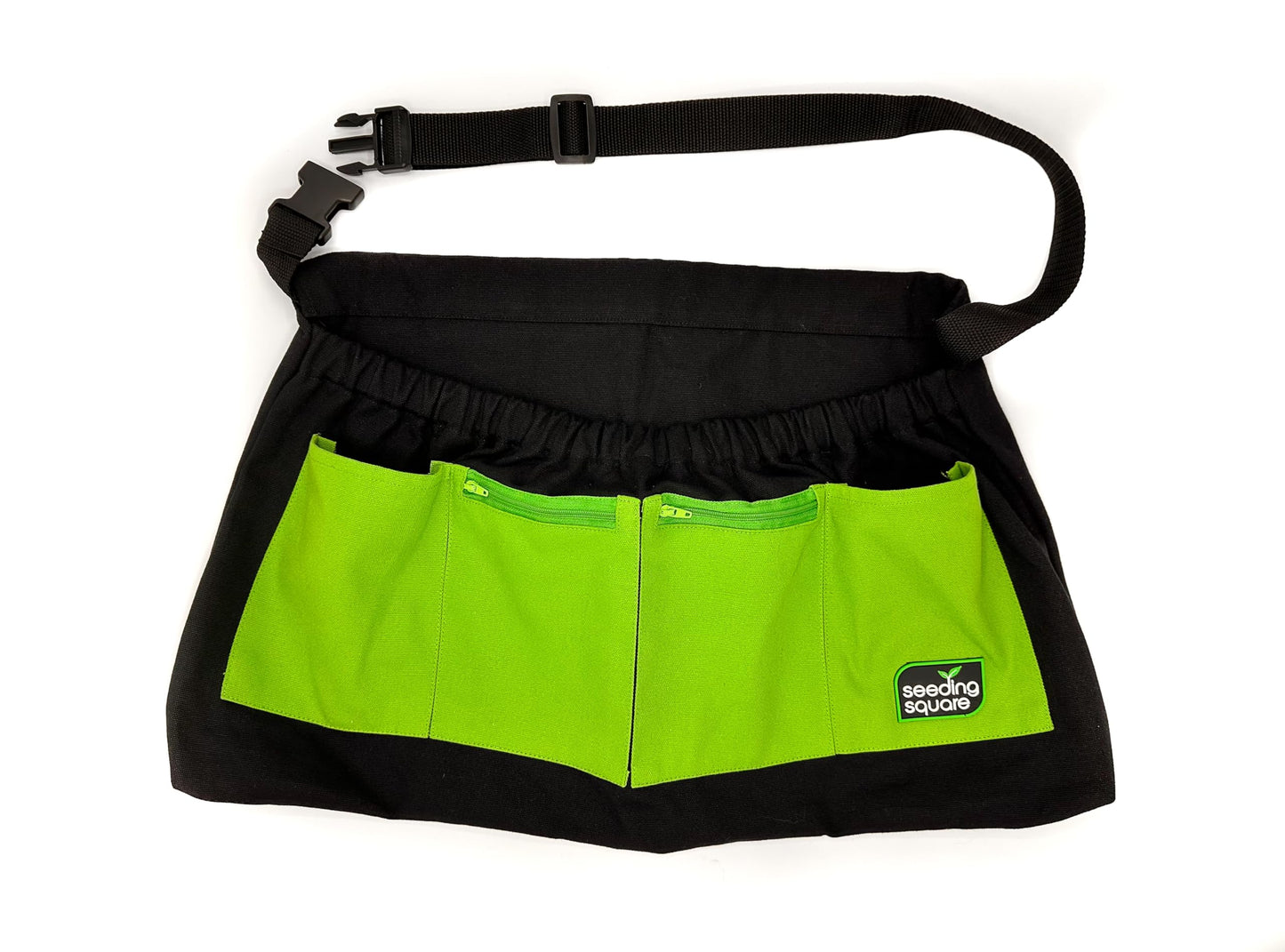 Seeding Square Harvest Garden Apron – pick fruits, vegetables, eggs and weeds & store small tools, seeds and personal items (Green Pockets on Black)