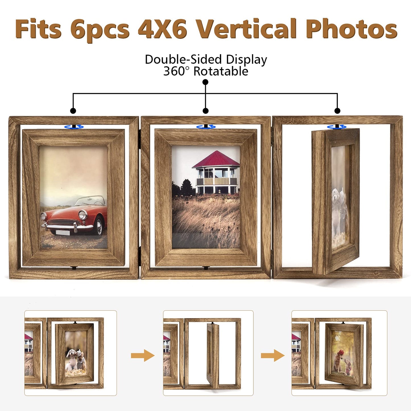 Emfogo 4x6 Picture Frame Rustic Wood Hinged Folding Triple Picture Frames Collage, Double-Sided Display Rotatable High Definition Glass Photo Frame for Home TableTop(Carbonized Black)