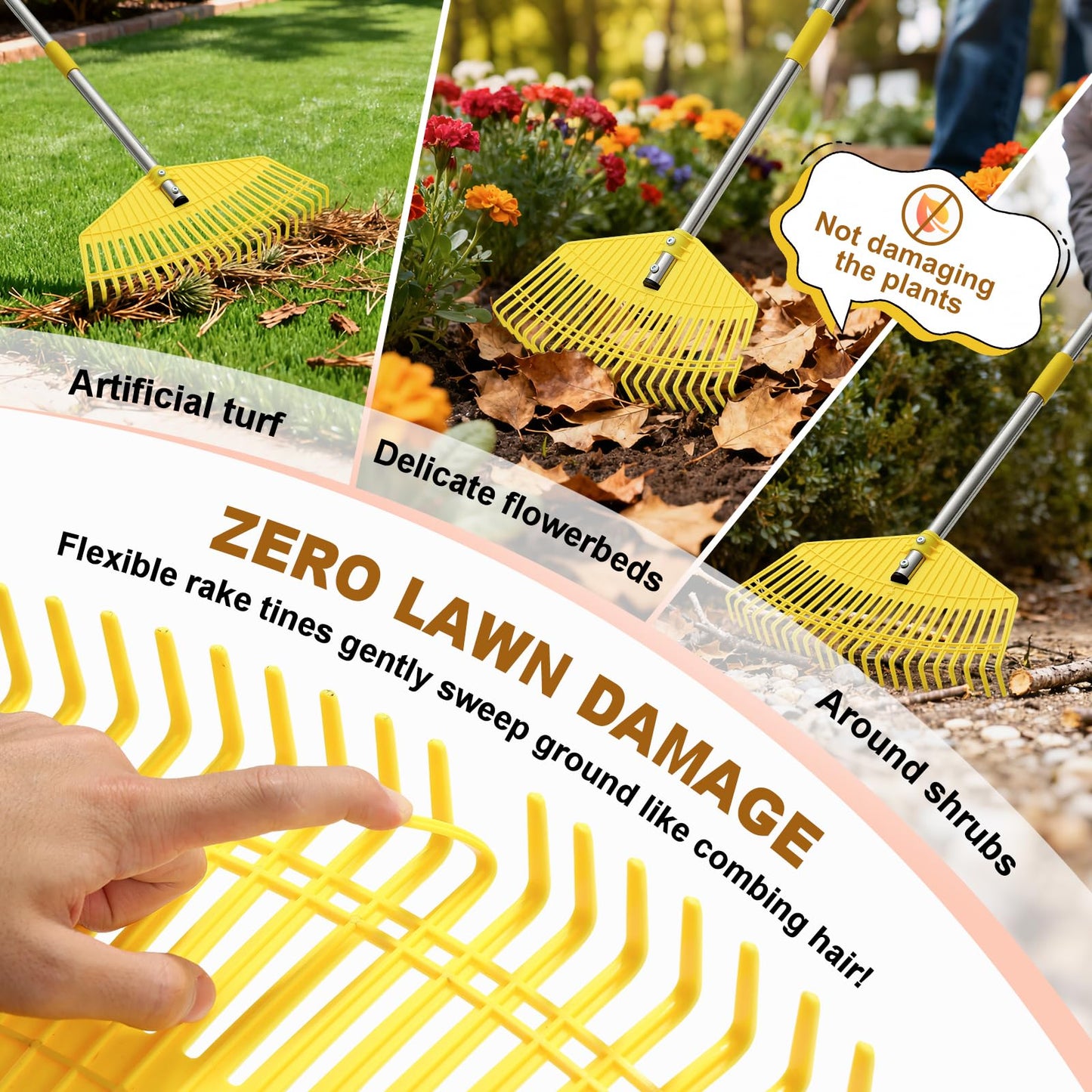 Leaf Rake - 16.5" Wide Nylon Plastic Head,51" Adjustable Stainless Steel Handle,Heavy Duty Gardening Leaves Rake Tools for Garden Lawns,Yard,Shrub,Grass - Lightweight for Women,Seniors & Kids