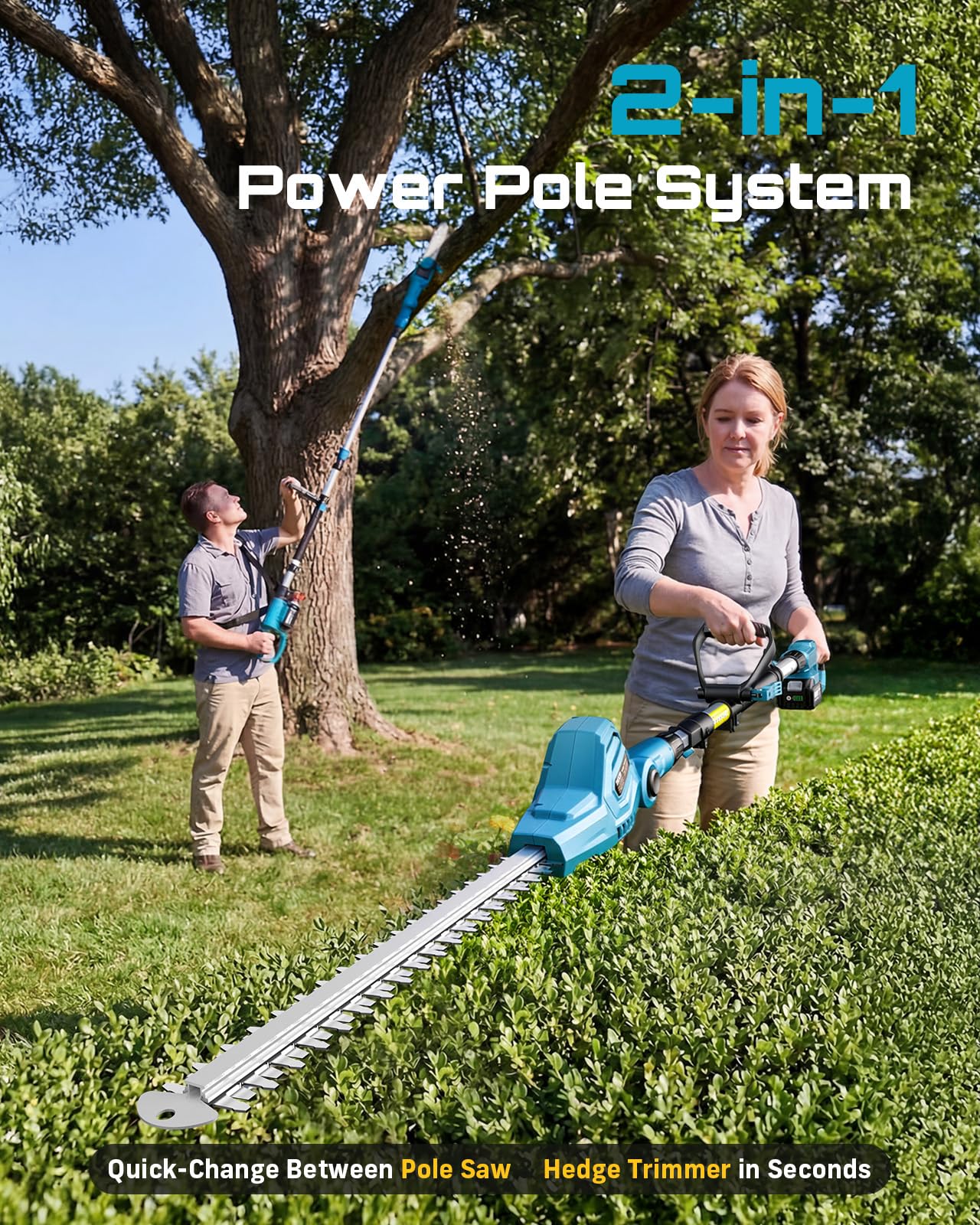 SEESII 2-in-1 Cordless Pole Saw & Hedge Trimmer Combo, 8" Electric Pole Chainsaw with 2×4.0 Ah Batteries, 16-Inch Extension Pole Hedge Trimmer, Bush Tree Pruner Limb Branch Cutter, 15ft Long Reach