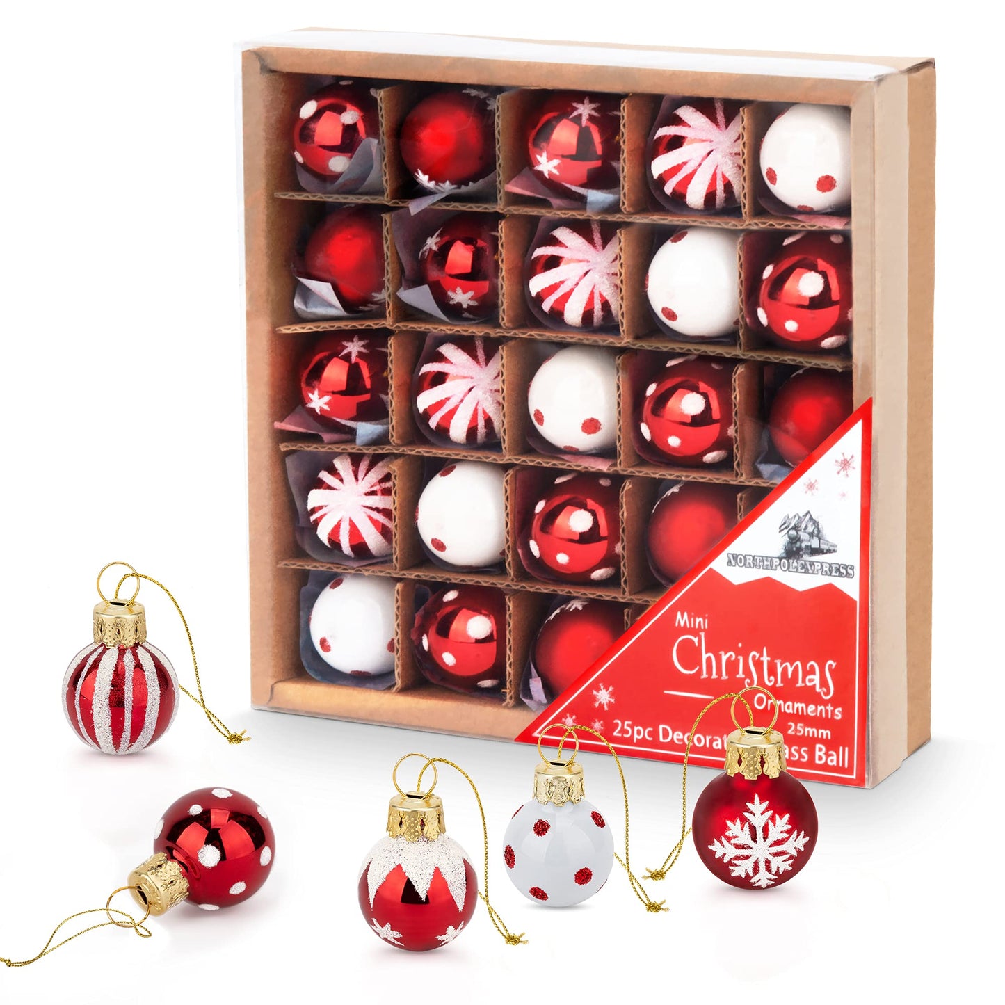 1 Inch Mini Red & White Peppermint Glass Ball Christmas Ornaments Set of 25 Balls | Miniature Christmas Tree Ornaments | Rustic Christmas Decorations | Mini Christmas Tree Decorations for Small Trees
