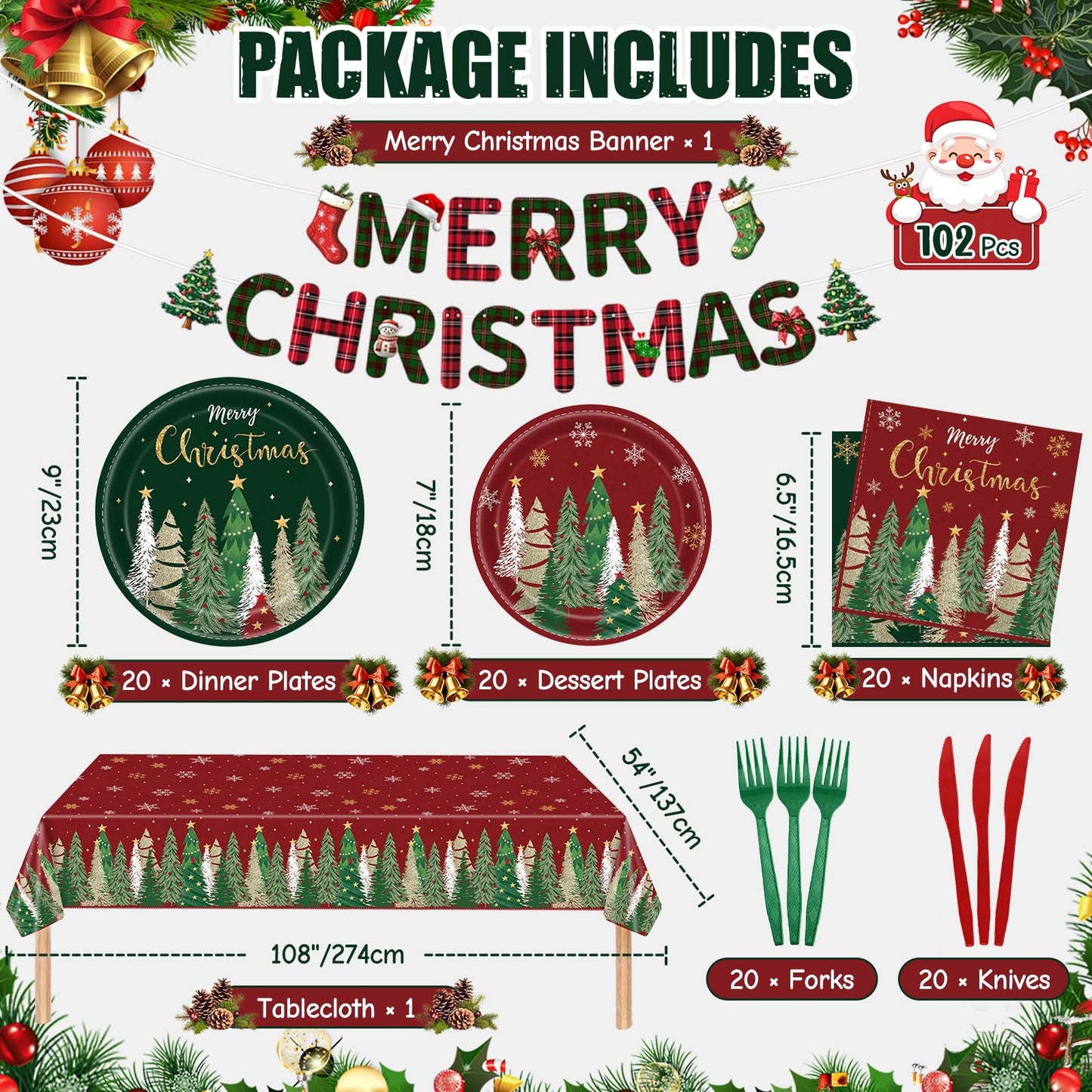 102 Pcs Christmas Tree Paper Plates and Napkins Party Decorations Merry Christmas Banner Disposable Tablecloth Dinnerware Set Red and Green Xmas Tree Party Supplies Winter Snowflake Holiday Ornament