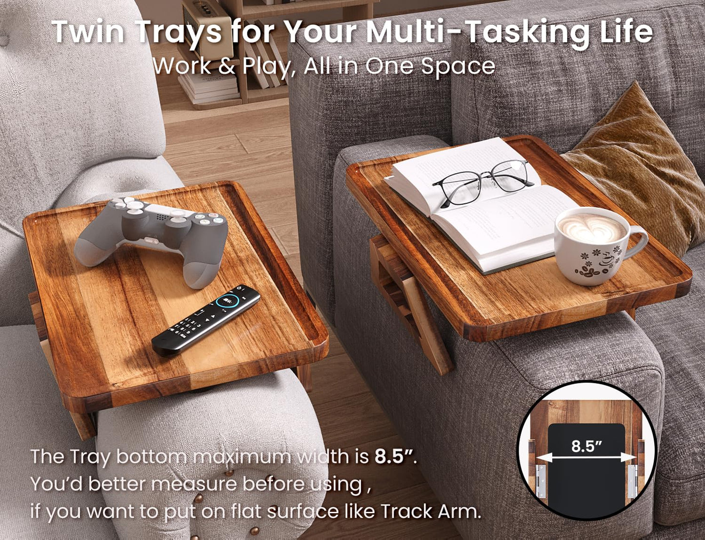 Danfoxer 2 Pack Acacia Wood Couch Arm Tray,Couch Tray,Folding Sofa Armrest Trays,Couch Arm Table Clip-On Couch Desk for Drinks,Snacks,Phone,Remote Control