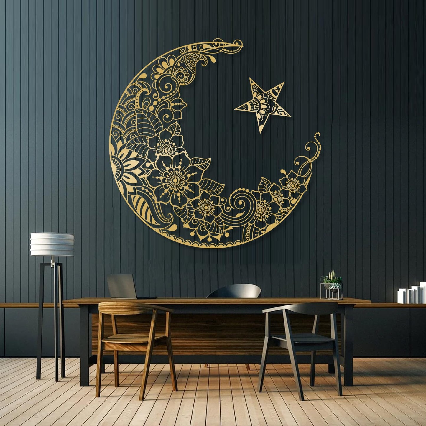 Mandala Moon Metal Wall Art, and Stars Decor, Lotus Flowers, Modern Home, Boho for Bedroom