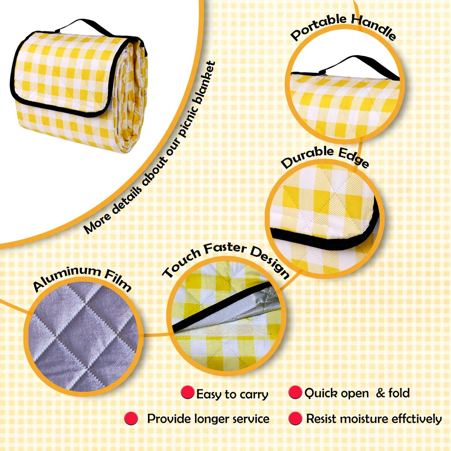 CUNCUI Picnic Outdoor Blankets, Extra Large 79x79in Beach Blanket, Thick 3-Layers Camping Waterproof Mat for Camp Hiking Park, Portable Foldable Rug for Family-Yellow, Sandproof & Machine Washable