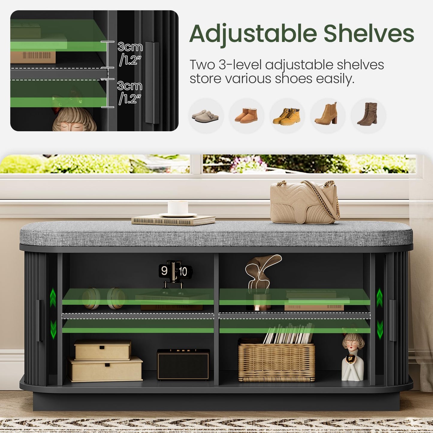 CHOEZON Shoe Storage Bench, Entryway Bench with Storage, Shoe Bench with Cushion and Sliding Door, Fluted Storage Bench, Entry Bench for Entryway, Hallway, Living Room, Bedroom, Black and Gray MHX02BB