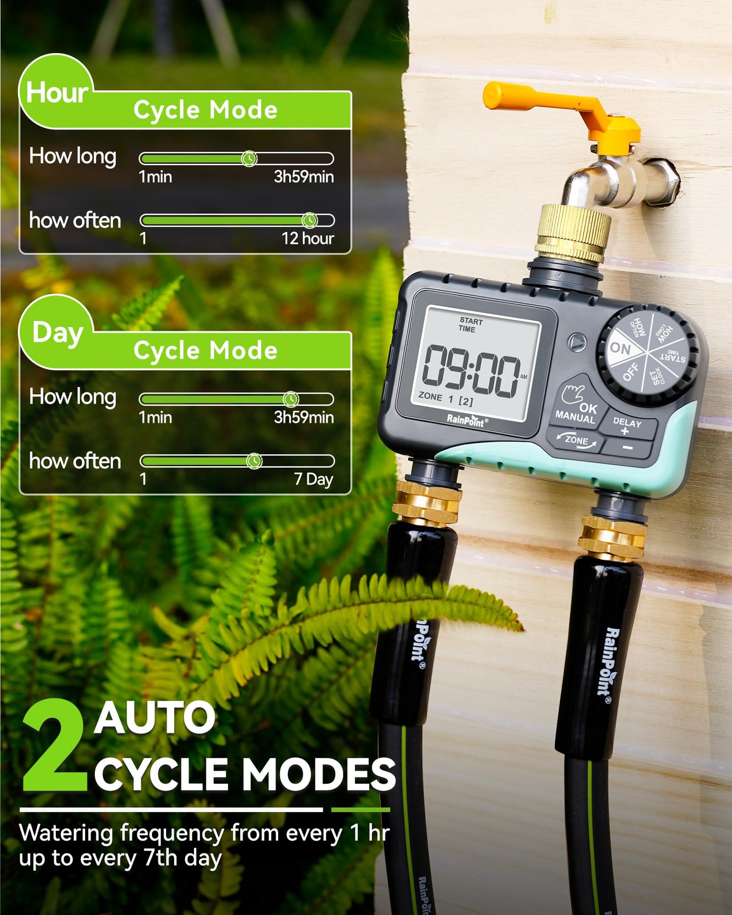RAINPOINT Water Timer for Garden Hose - Sprinkler Timer with Brass Swivel - Rain Delay/Manual Watering/Automatic Irrigation Programmable Faucet for Yard, 2 Outlet