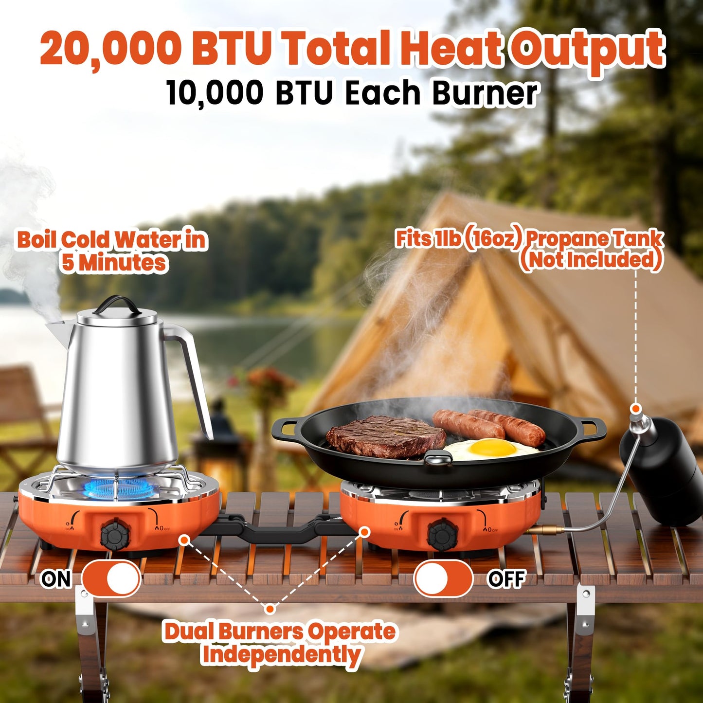 Cofiyard 20,000 BTUs 2 Burner Propane Camping Stove, Portable Folding Camp Stove with Adjustable Burners, Regulator and Carrying Bag, Dual Gas Stoves Easy Carrying Handle for Tailgating, Camping, BBQ