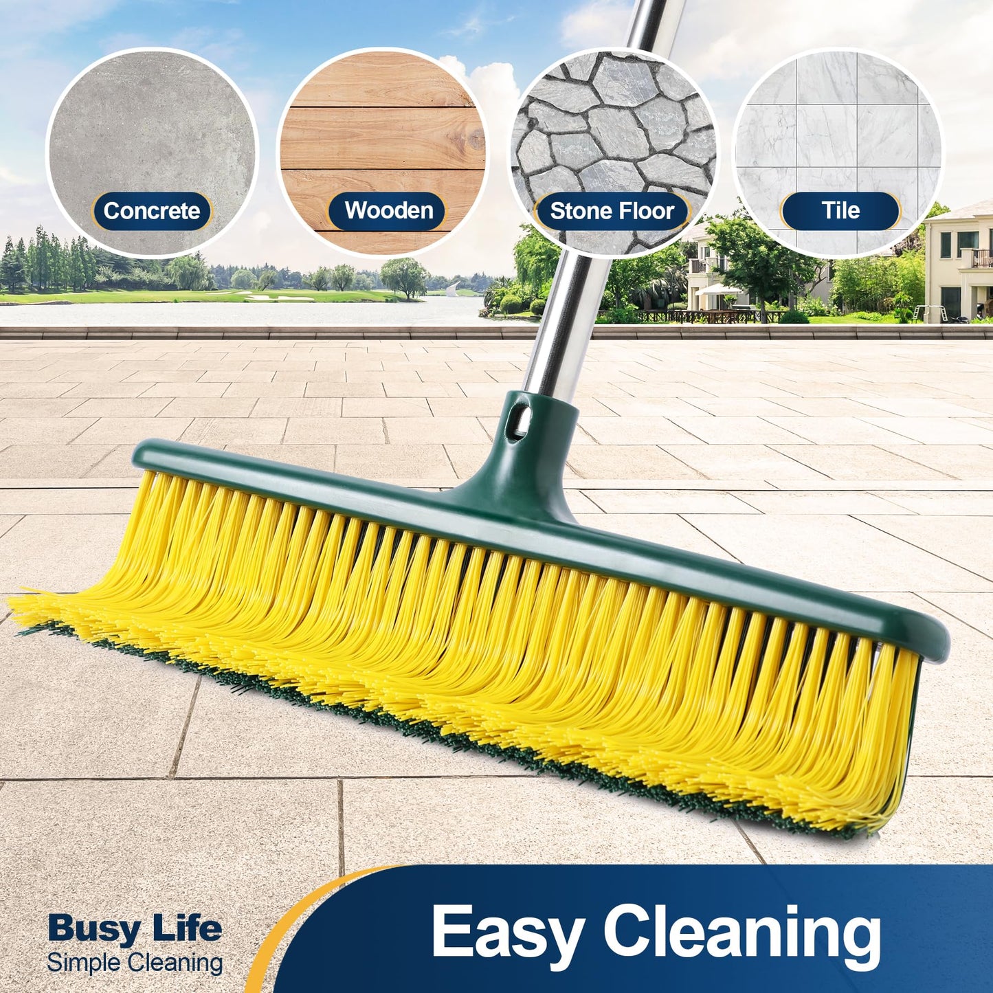 Yocada Heavy Duty Outdoor Broom Commercial Broom Garden Leaf Rake with Curved Bristles Adjustable Long Handle Indoor Outdoor for Yard Deck Garden Garage Lobby Lawn Sidewalk Leaves 58.7 Inch