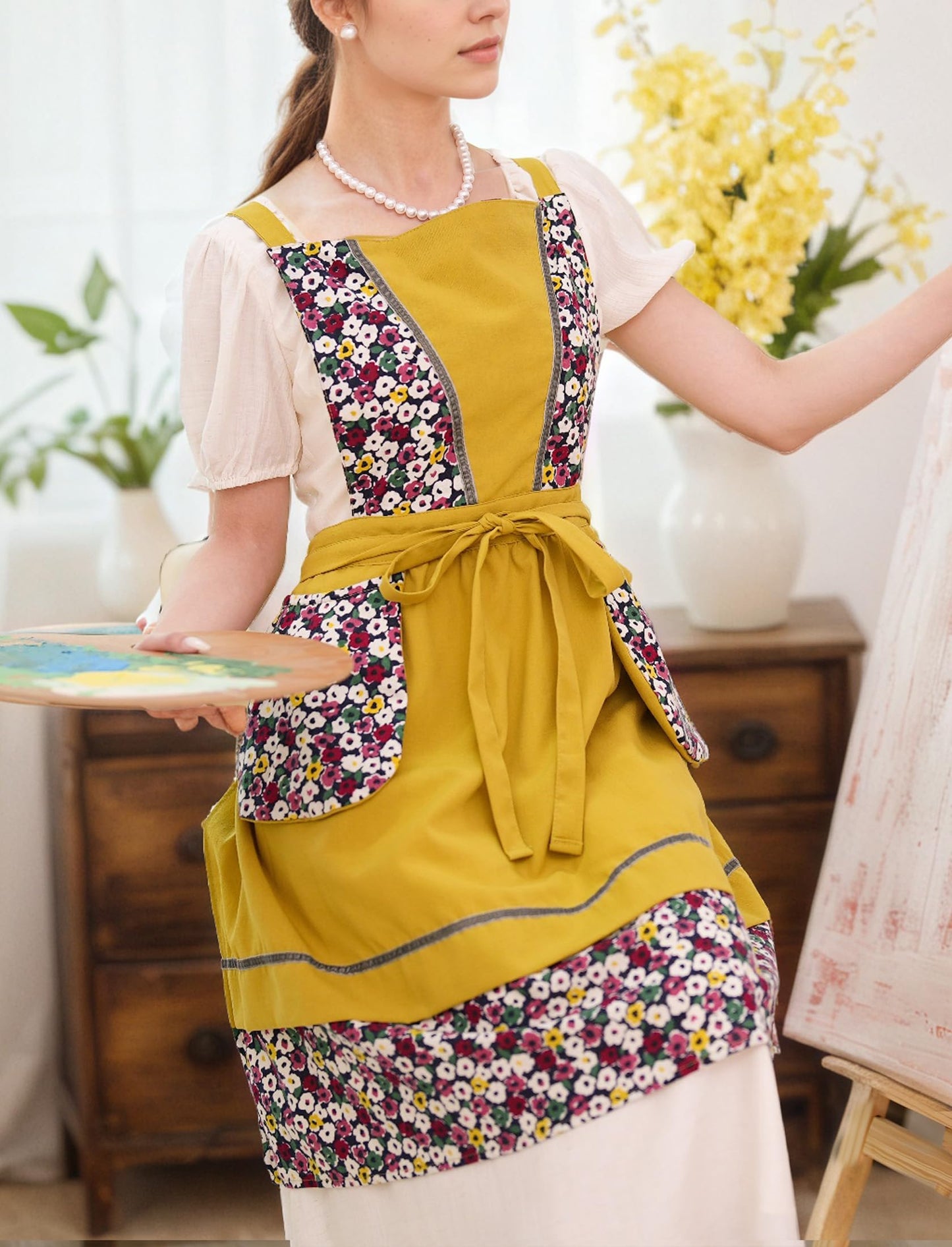 Pinknoke Kitchen Aprons for Women with Pockets Cute Floral Chef Pinafore Apron for Gardening Cooking Baking Painting (Mustard)