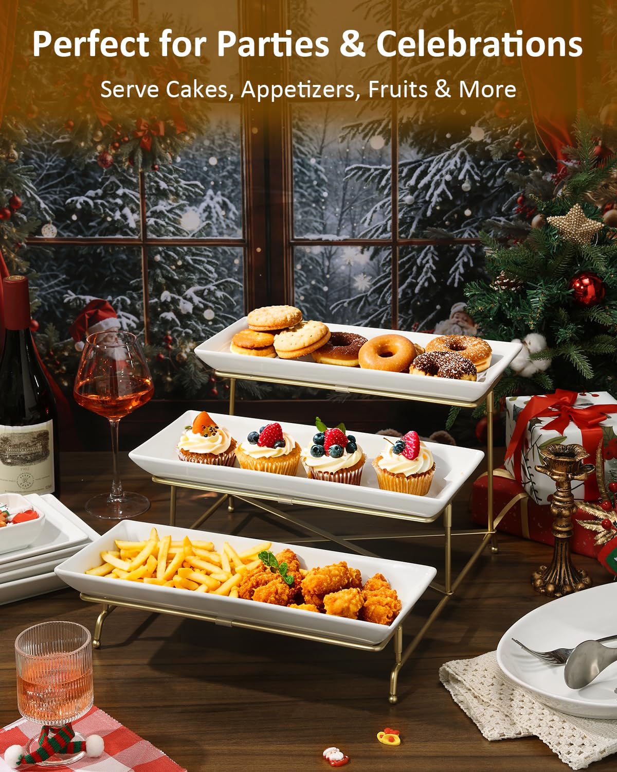 Yedio 3 Tier Serving Tray Set 14 Inch Porcelain Tiered Serving Platters, Collapsible Sturdier Stand with Stable Cross Bars, Three Layer Serving for Party Entertaining Food Display Fruit Dessert