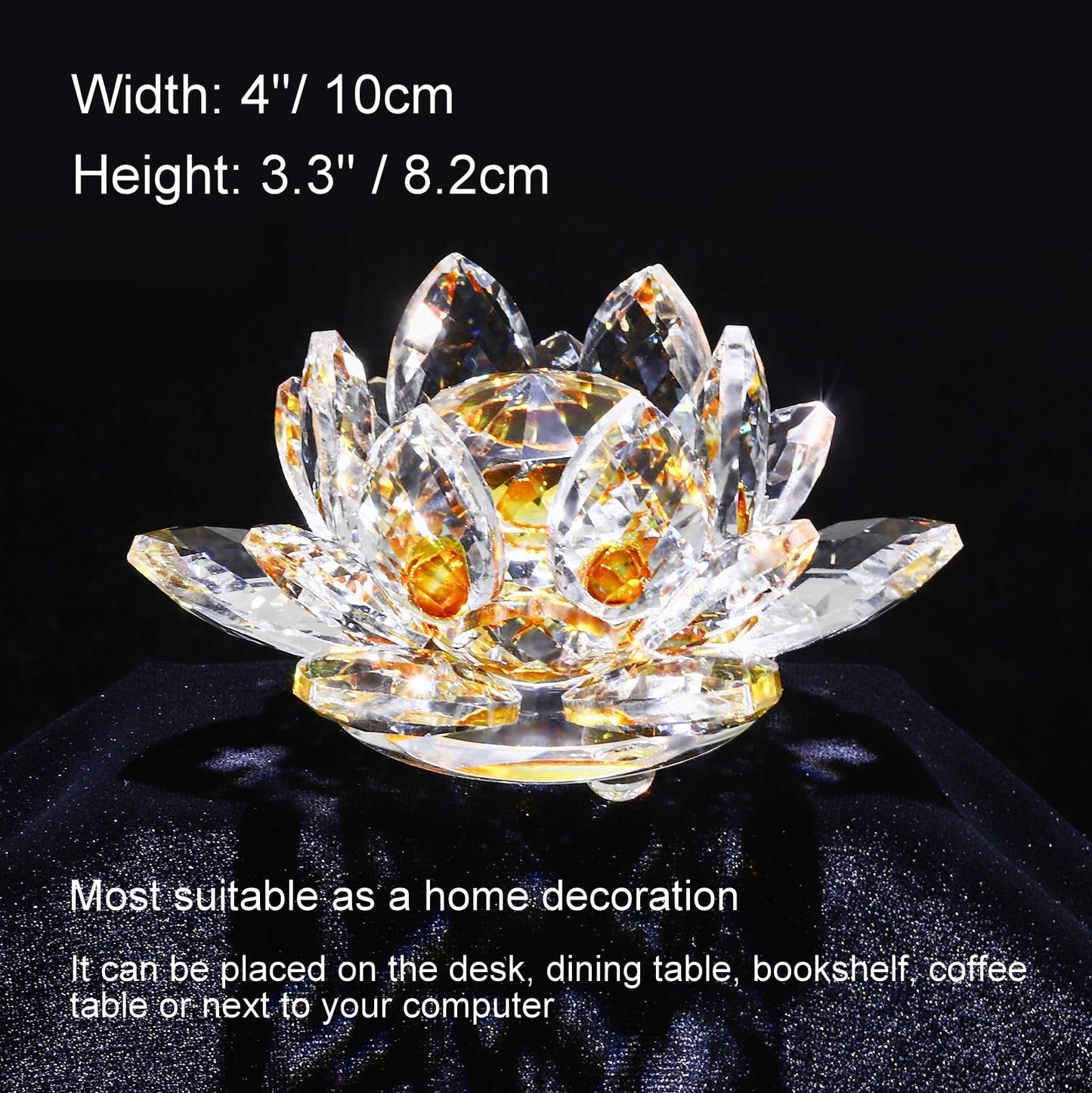 Sparkle Crystal Lotus Flower - 4'' Hue Reflection Clear Crystal Lotus for Feng Shui Home Decor Sun Catcher Ornaments or Paper Weight with Gift Box (100MM) Transparent Golden