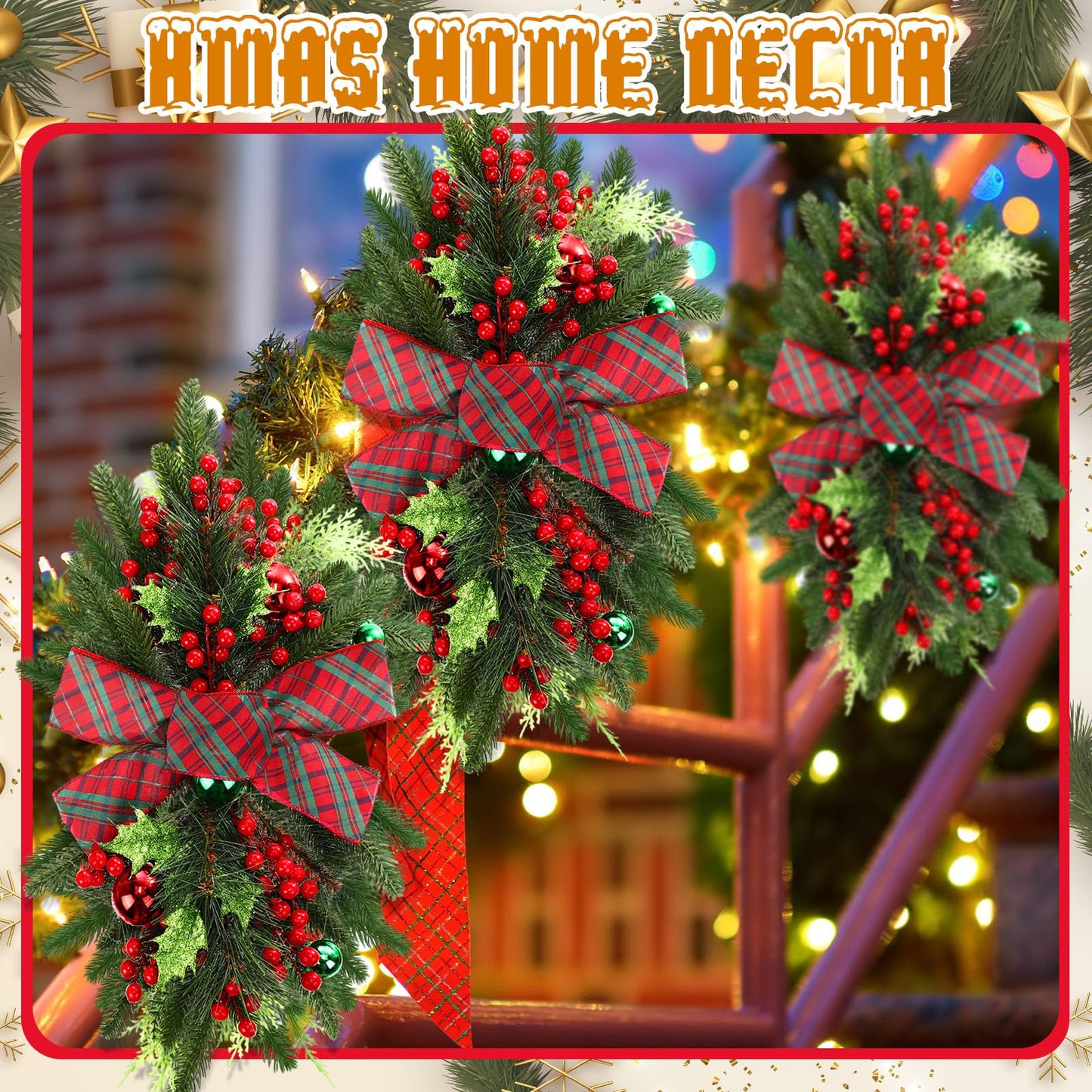 Lyrow 4 Pcs Christmas Artificial Swags 24" Xmas Stairway Swag Teardrop Trim Red Green Grid Christmas Staircase Decoration Garland for Indoor Outdoor Railing Decor(Red Green)