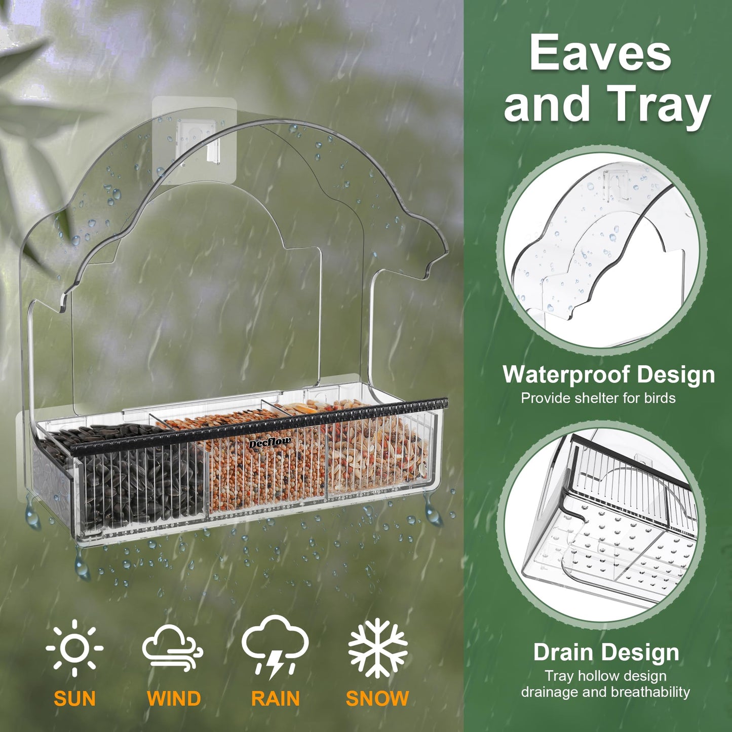 Decflow Window Bird Feeders for Outside, Clear Bird Window Feeder with 3 Pairs of Strong Stickers, Transparent Acrylic Birds House for Window Viewing, Removable Tray, Wild Birds Watching Present