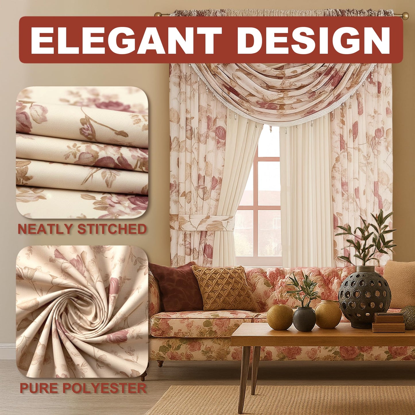 YHSF Sheer Curtains Laura Collection - 4 Panel Set, 84 Inches Long - Elegant Curtains for Bedroom & More - Valances with Beads & 2 tiebacks - 55” x 84" - Multicolor, Floral Rose Solid Beige