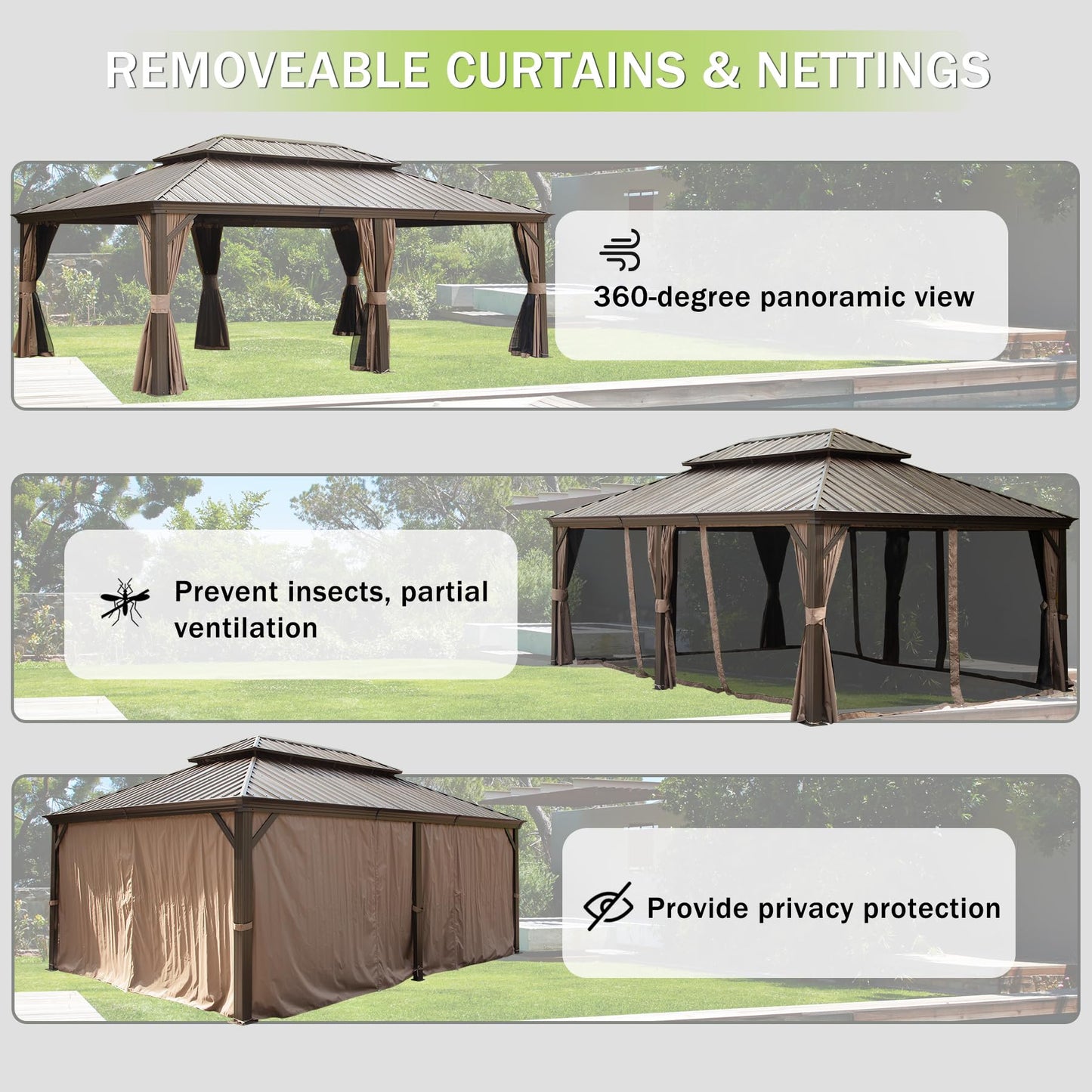 Domi 14x24FT Outdoor Gazebo, Hardtop Gazebo with Galvanized Steel Double Roof, Metal Gazebos with Drainage System Patio Pergola for Patio Deck Backyard,Curtain and Netting,Brown