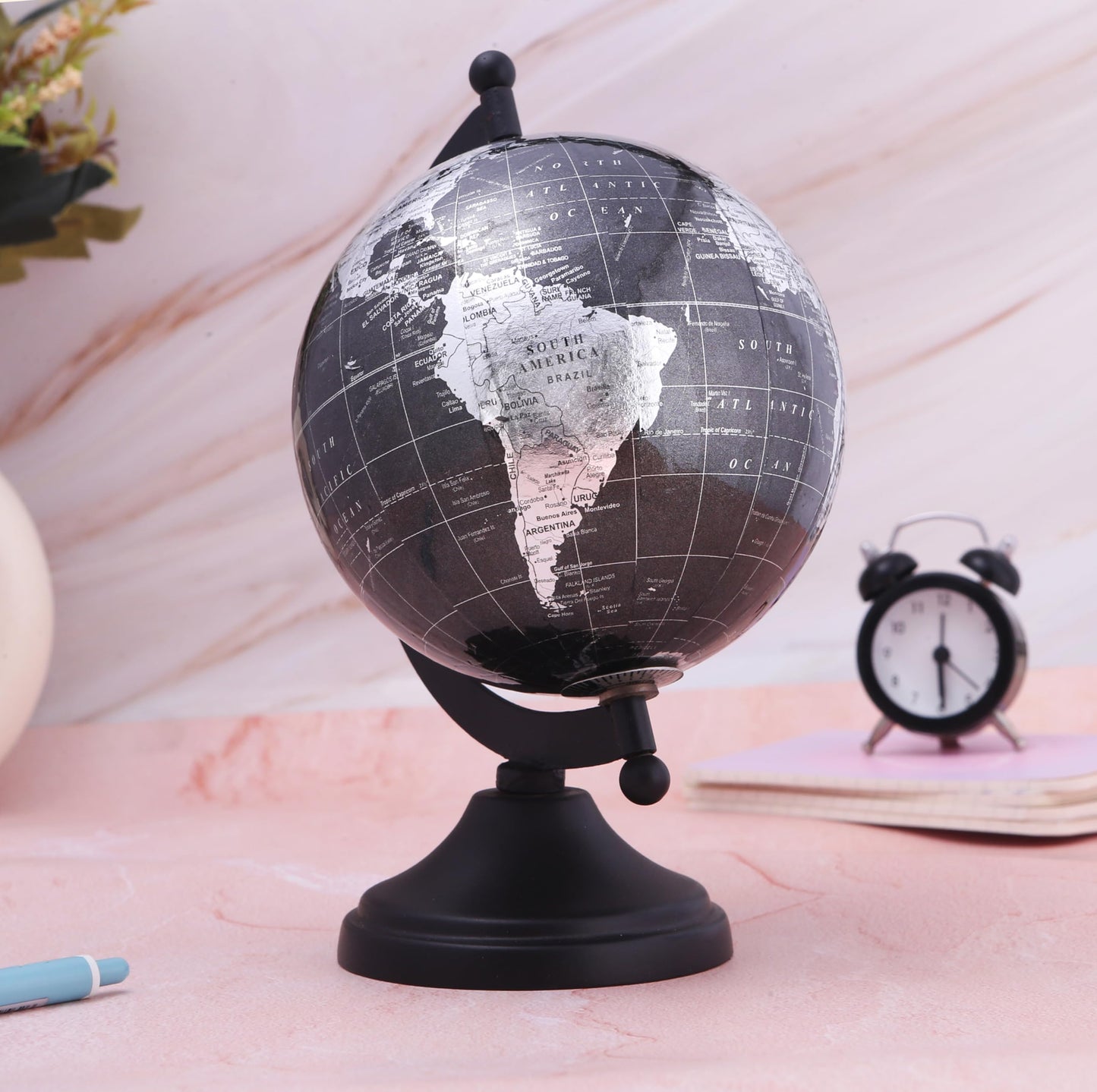 Rely+ 5" World Globe With Sturdy Metal Stand (NOT PLASTIC!) - Desktop Globes For Home Desk Table Office Decor - Book Shelf Decor Globe - 5 Inch - Metallic Black