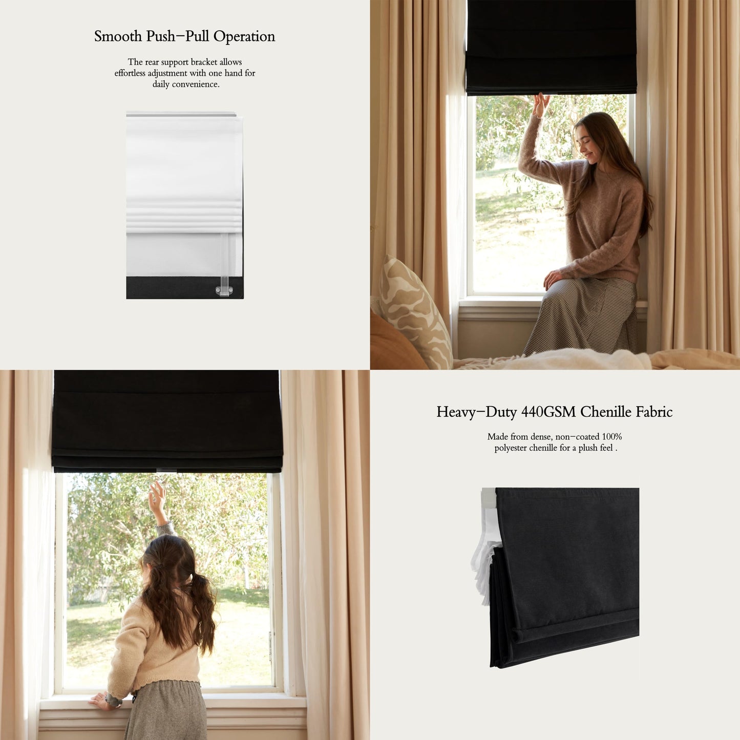 Decleaf Blackout Roman Shades Cordless for Windows, Pull Down Window Shades Blinds with Heavy 430GSM Chenille & White Backing & Thermal Insulated & Hidden Cords, 34x64 Inches (Mottled Black)