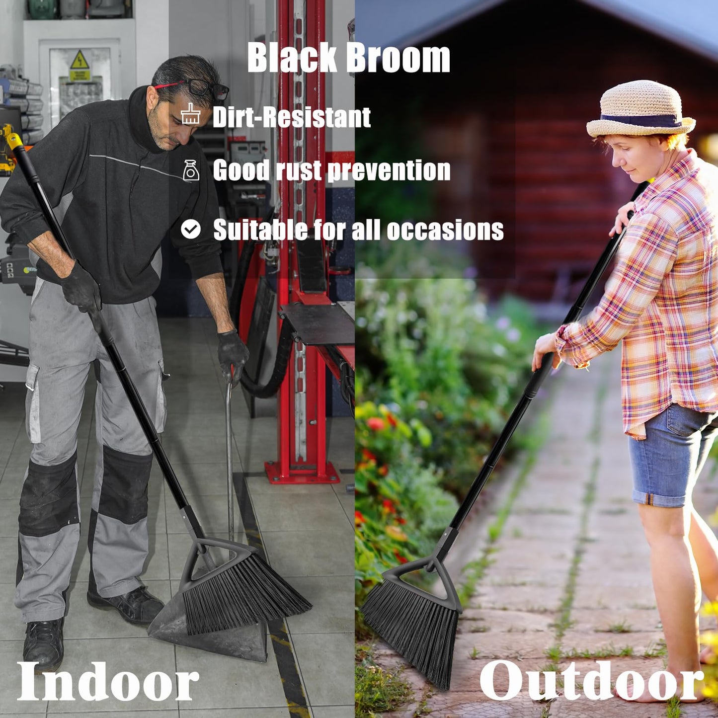 PUTNATRUE Heavy Duty Broom Outdoor Indoor, Upgraded Commercial Angle Brooms, Black Broom for Sweeping House, Restaurant, Kitchen, Garage, Courtyard