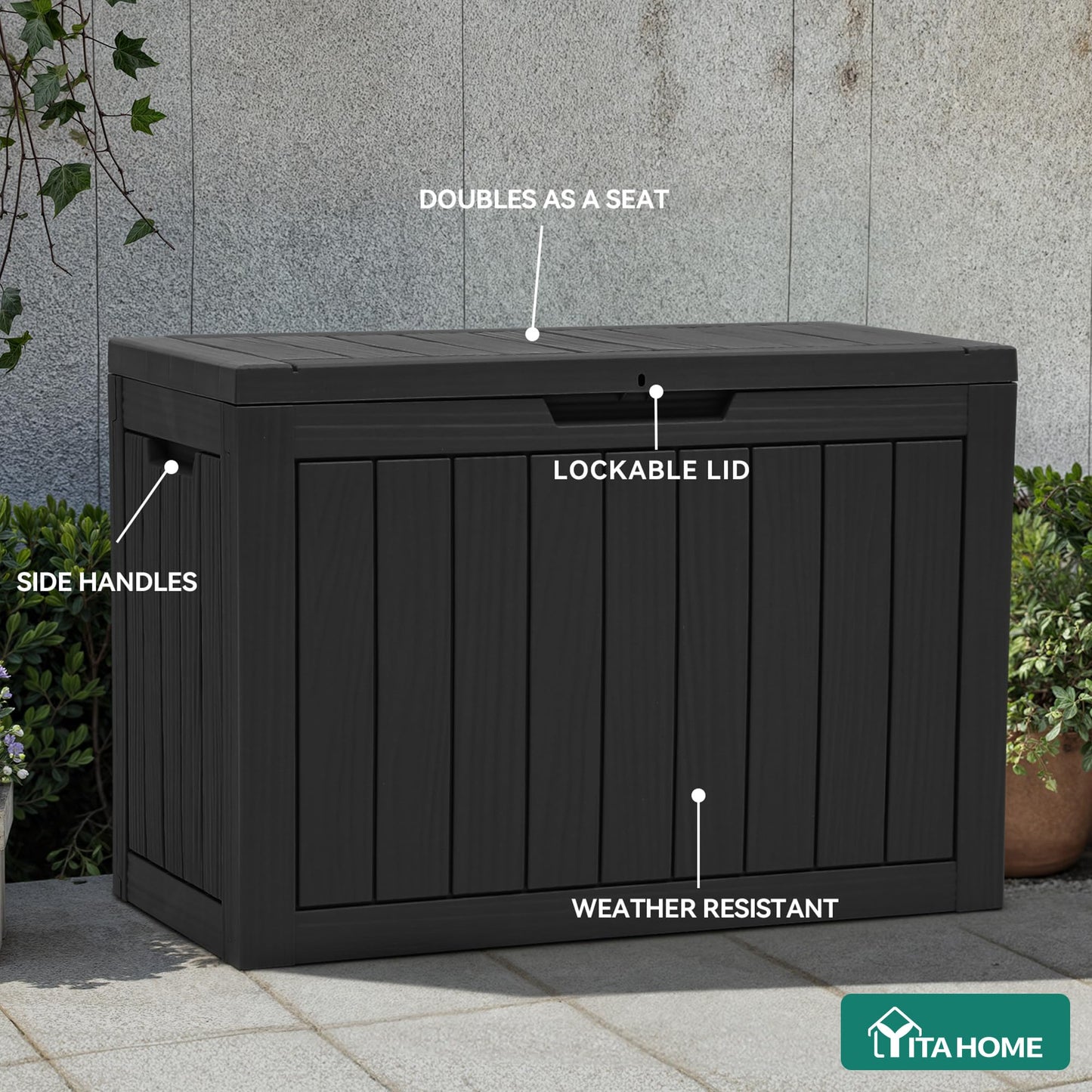 YITAHOME Outdoor Storage Box, 45 Gallon Waterproof Resin Deck Box, Lockable Organizer for Patio, Poolside, Deck, Cushions, Throw Pillows, Garden Tools, Black