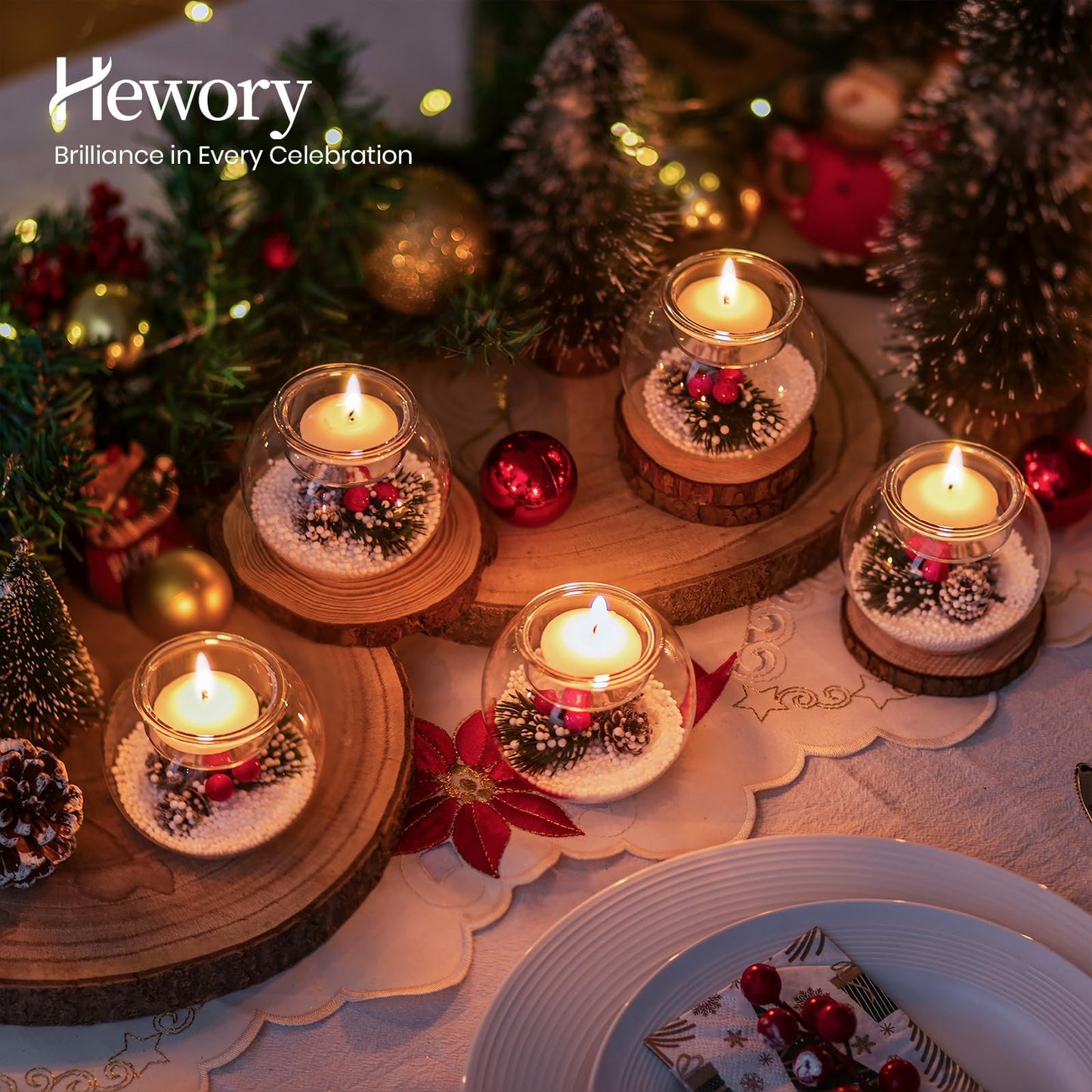 Hewory Christmas Tealight Candle Holders: Glass Tea Light Candle Holder Set of 6, Ball Candl Holders with Red Berry and Pinecone, Christmas Table Decorations for Dinner Holiday Party Fireplace Mantle