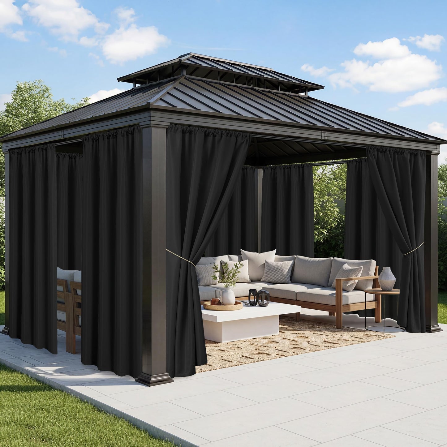 RichSets Black Outdoor Curtains for Patio Waterproof - 8 Panels Weatherproof Privacy Outside Curtains with Rod Pocket for Pergola, Gazebo, Porch, Cabana, Balcony, 54 x 95 Inch