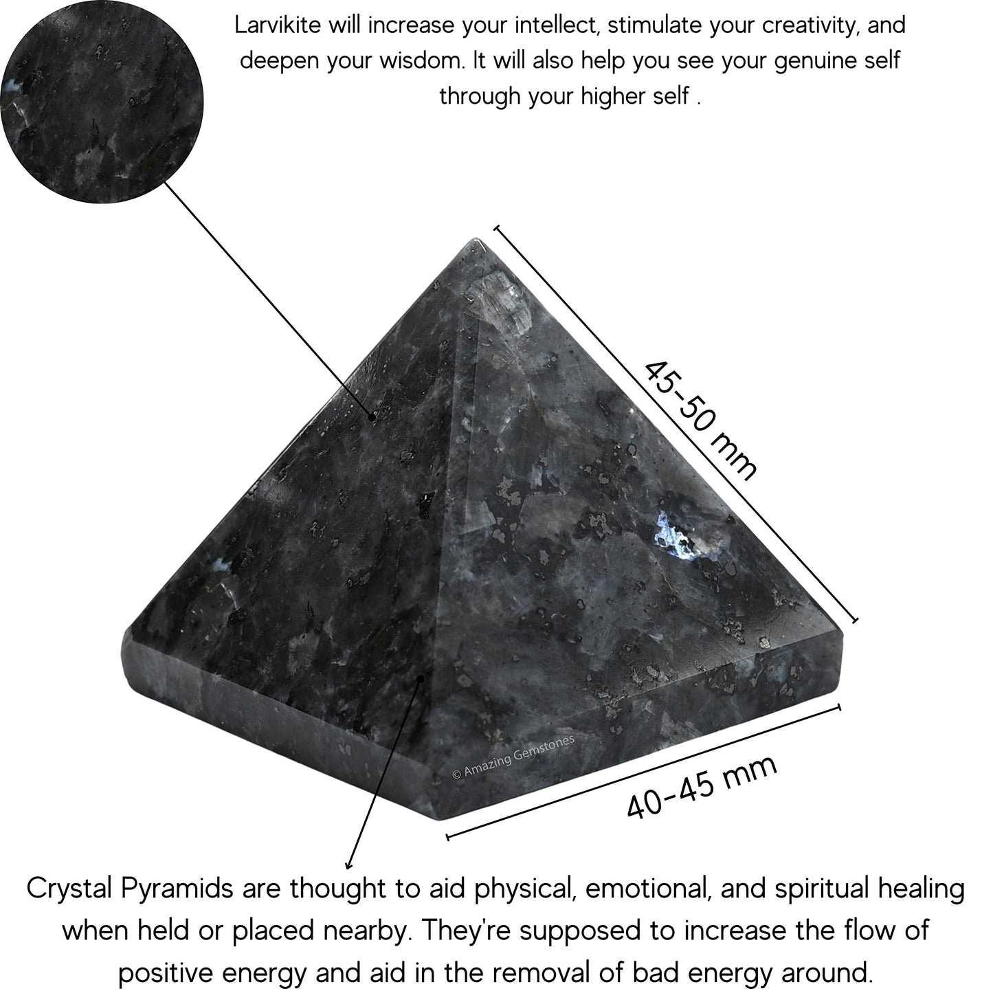 Amazing Gemstone Larvikite Pyramid Crystal Healing Stones - 2" Great Pyramid Figurine of Natural Stone Pyramid for Meditation, Reiki, Chakra Balancing and Crystal Pyramids Grid