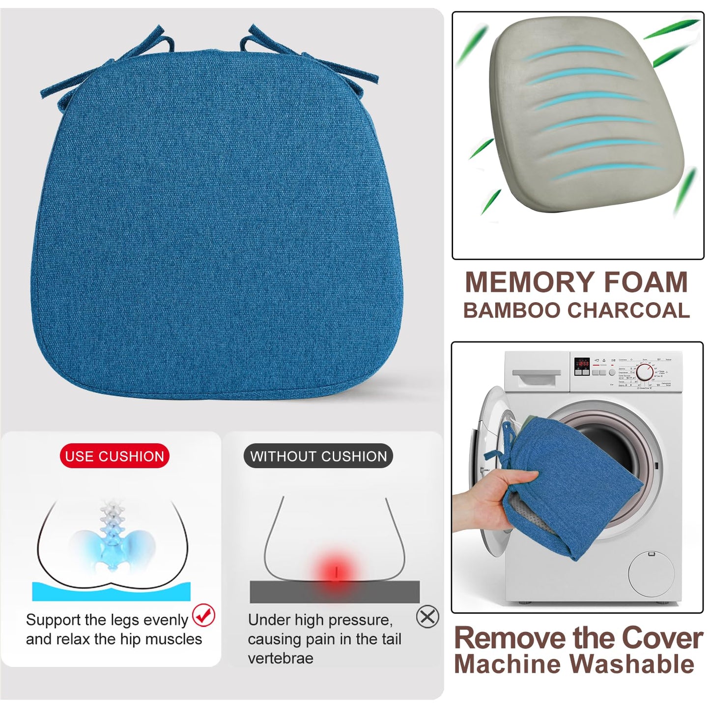 SINOSSO 1 Pack Memory Foam Chair Cushions for Dining Chair, Friendly Woven Fabric 16" U-Shape Comfortable Kitchen Chair Pad, Removable Slip Resistant Seat Cushion (1 Piece, Blue)