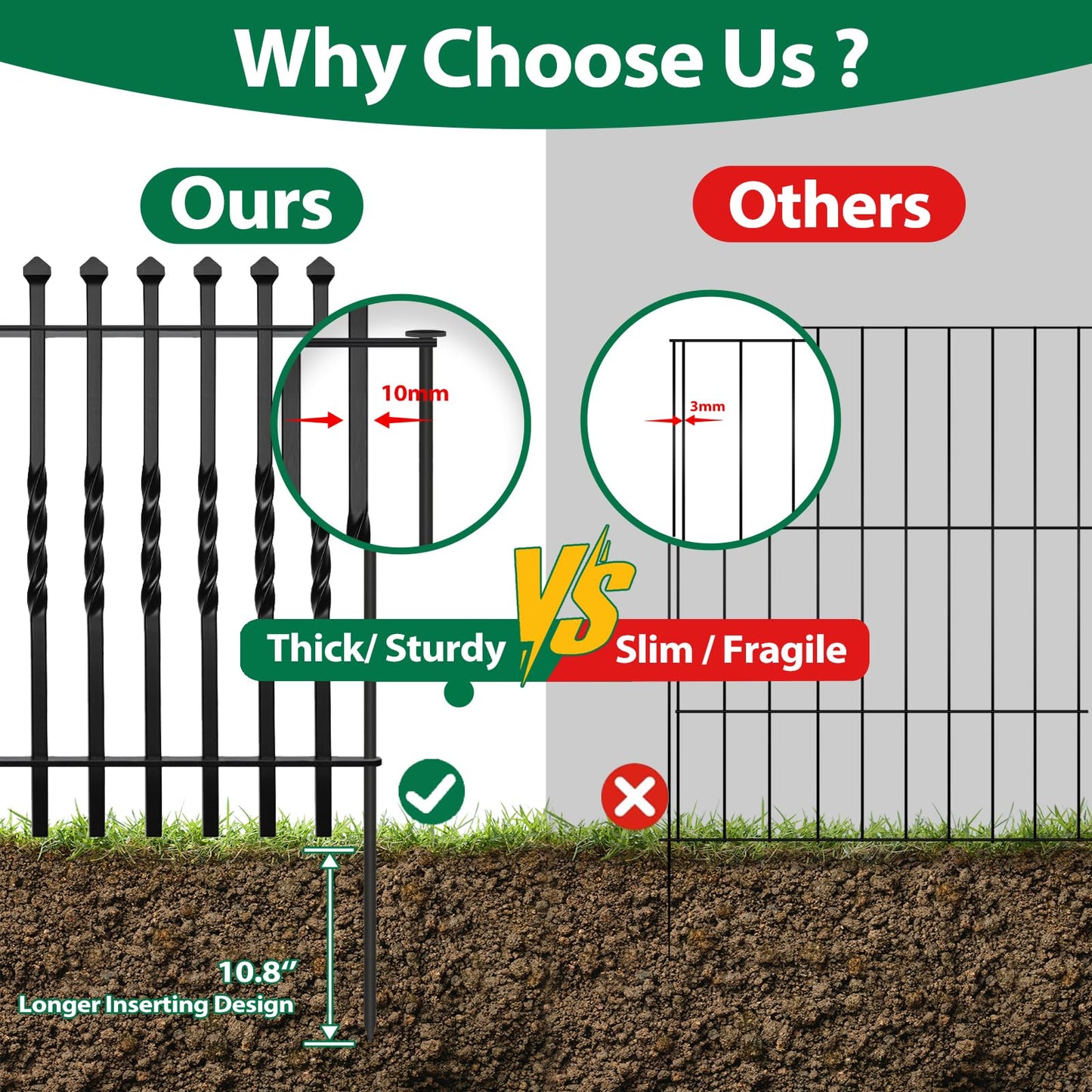 GILPWA 10 Panels Decorative Garden Fence, 32in(H)×24Ft(L) Heavy Duty Twist Outdoor Dog Fence Rustproof Metal Square Tube No Dig Animal Barrier Border Fencing for Temporary Yard Patio Landscape
