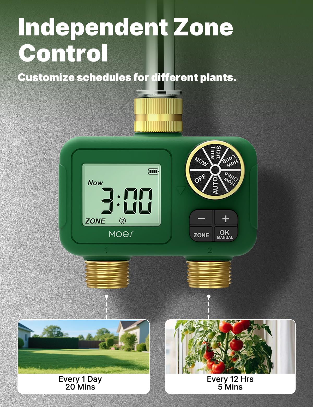 MOES 2 Zone Water Timer for Garden Hose, Heavy Duty Solid Brass Inlet & Outlets, Programmable Sprinkler Timer Battery Operated, Automatic Dual Faucet Valve with Sequential Watering (Non-WiFi)