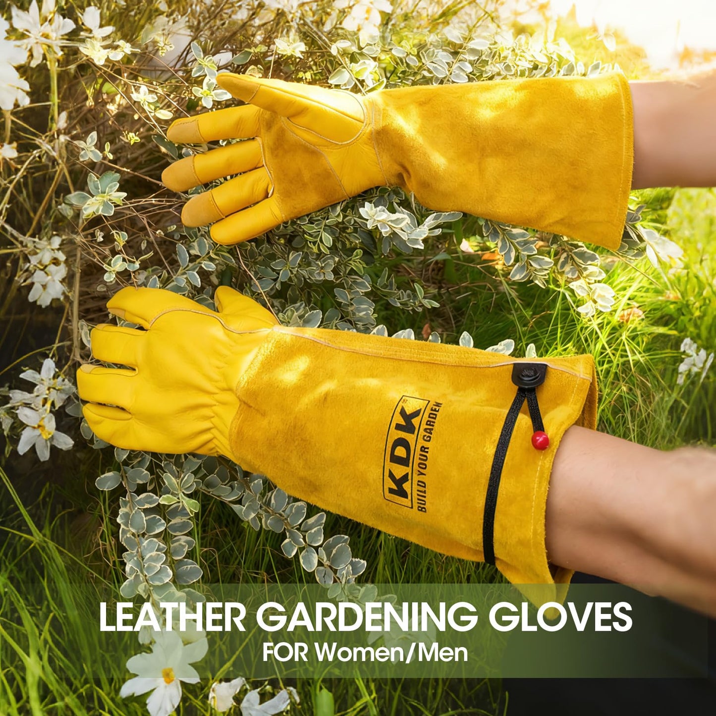 KDK Long Cowhide Gardening Gloves for Women Men, Thorn Proof Garden Gloves for Rose Pruning, Cactus Heavy Duty Gauntlet (L)