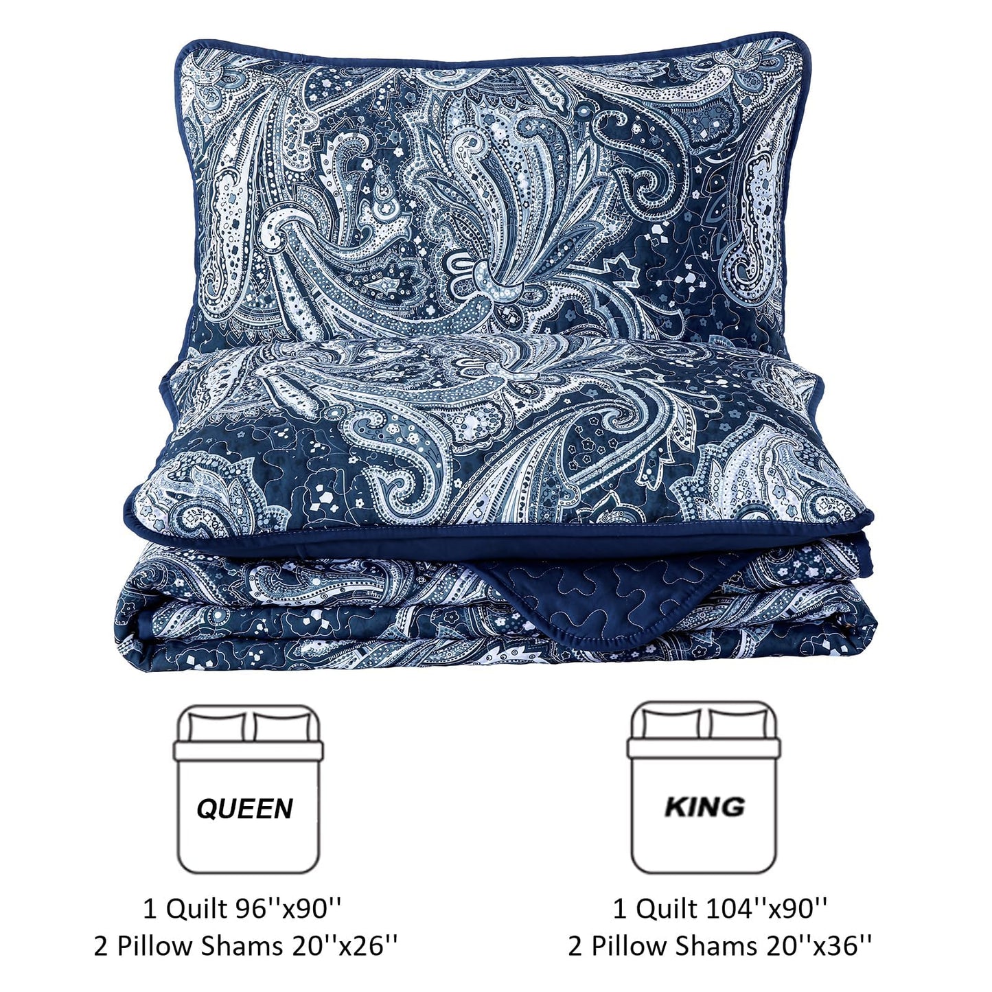 DJY Navy Paisley Quilt Set King Boho Bedspread Coverlet Set 3 Pieces, Soft Lightweight Microfiber Navy Blue Paisley Floral Pattern Bedding for All Season, 110"x90"