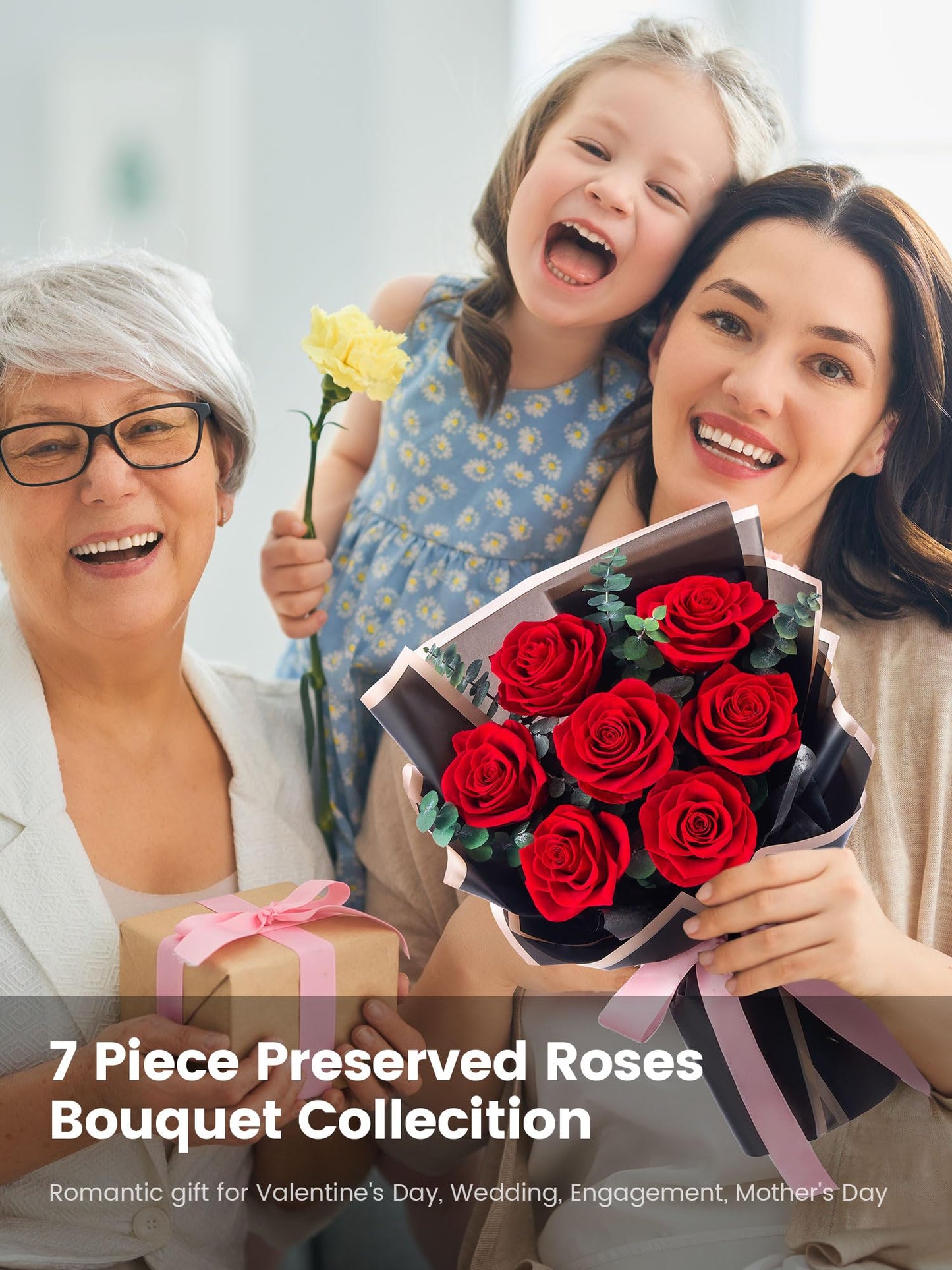 Mosstory Flower Bouquet Flowers for Delivery Prime 7-Piece Preserved Roses Bouquet Gift for Women Mother Wife Mother Day Wedding Anniversary Birthday (Red Roses)