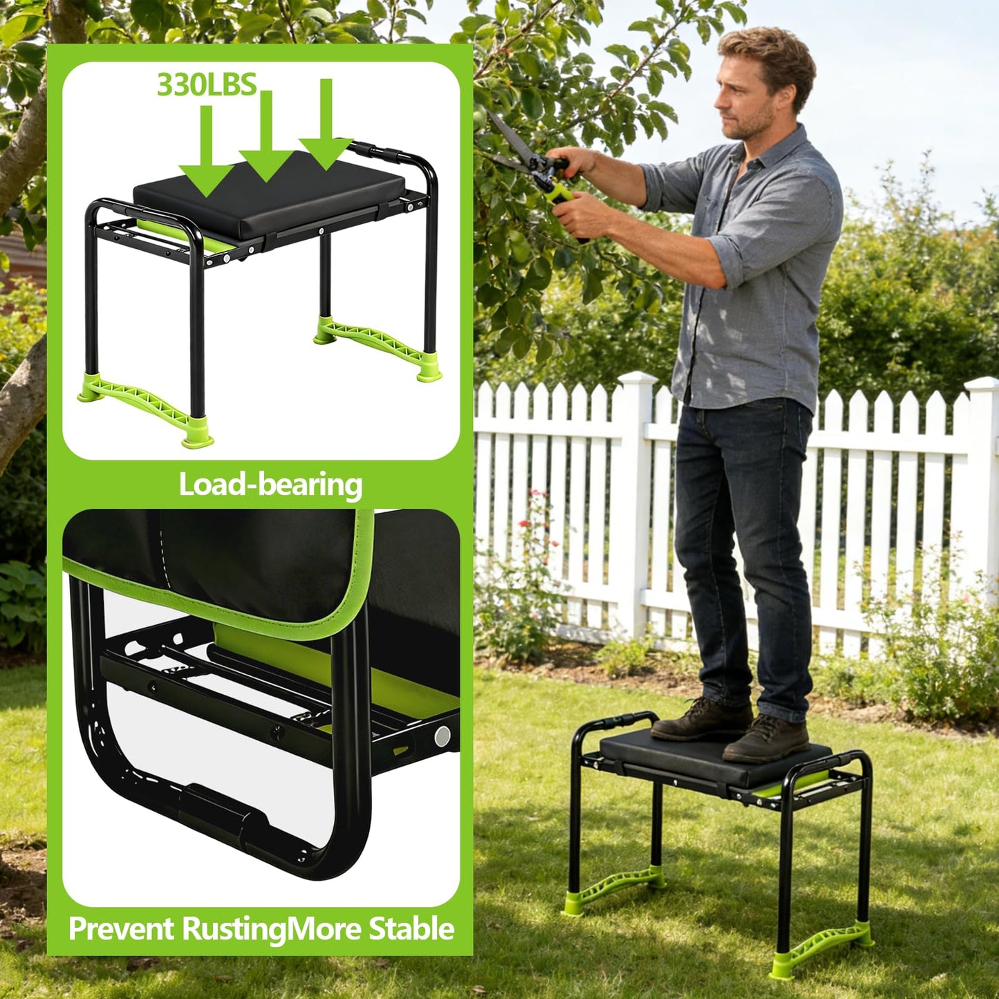 Garden Kneeler and Seat, Heavy Duty Gardening Stool with 1.8" Thick Detachable Kneeling Pad, Foldable Bench Chair with 2 Tool Pouches for Knee & Back Pain Relief for Women, Men, Seniors (Green)