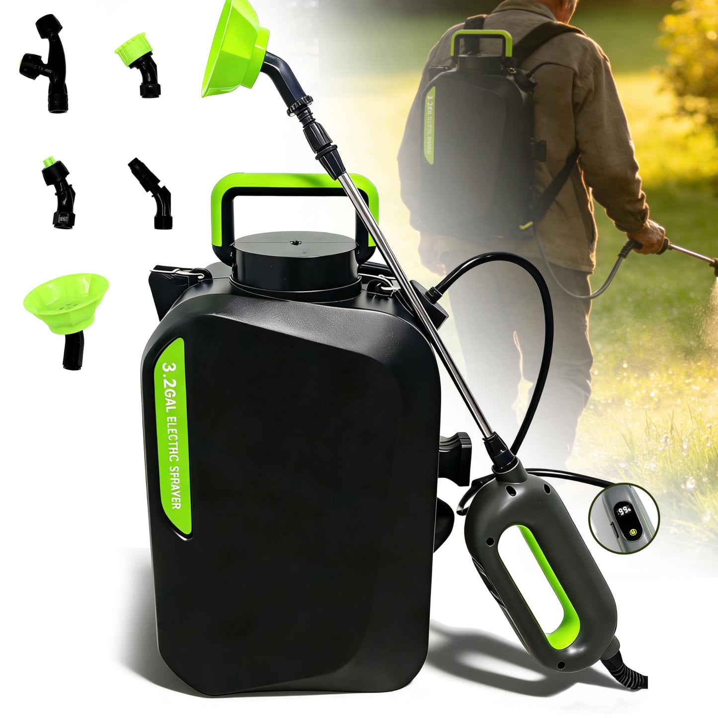 3.2 Gallon Battery Powered Sprayer, Covers 6,000+ Sq Ft per Tank – Electric Sprayer with 5 Interchangeable Nozzles, Handle with 2-Speed Control & Digital Display, for Lawn, Garden & Outdoor Cleaning
