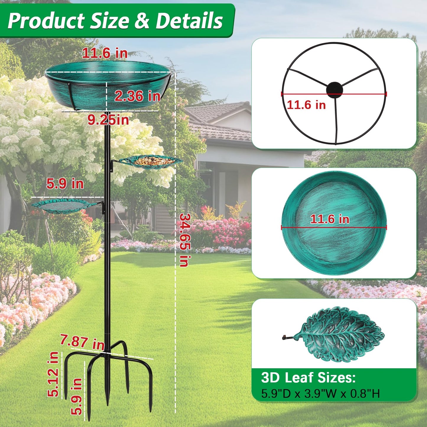Olpchee Metal Bird Bath for Outdoor - Garden Bird Bath with Removable Bowl Heavy-Duty Base, Winter Birdbath Feeder Rust-Proof Birdbaths for Garden Yard Lawn Decor, Easy to Install(Green)